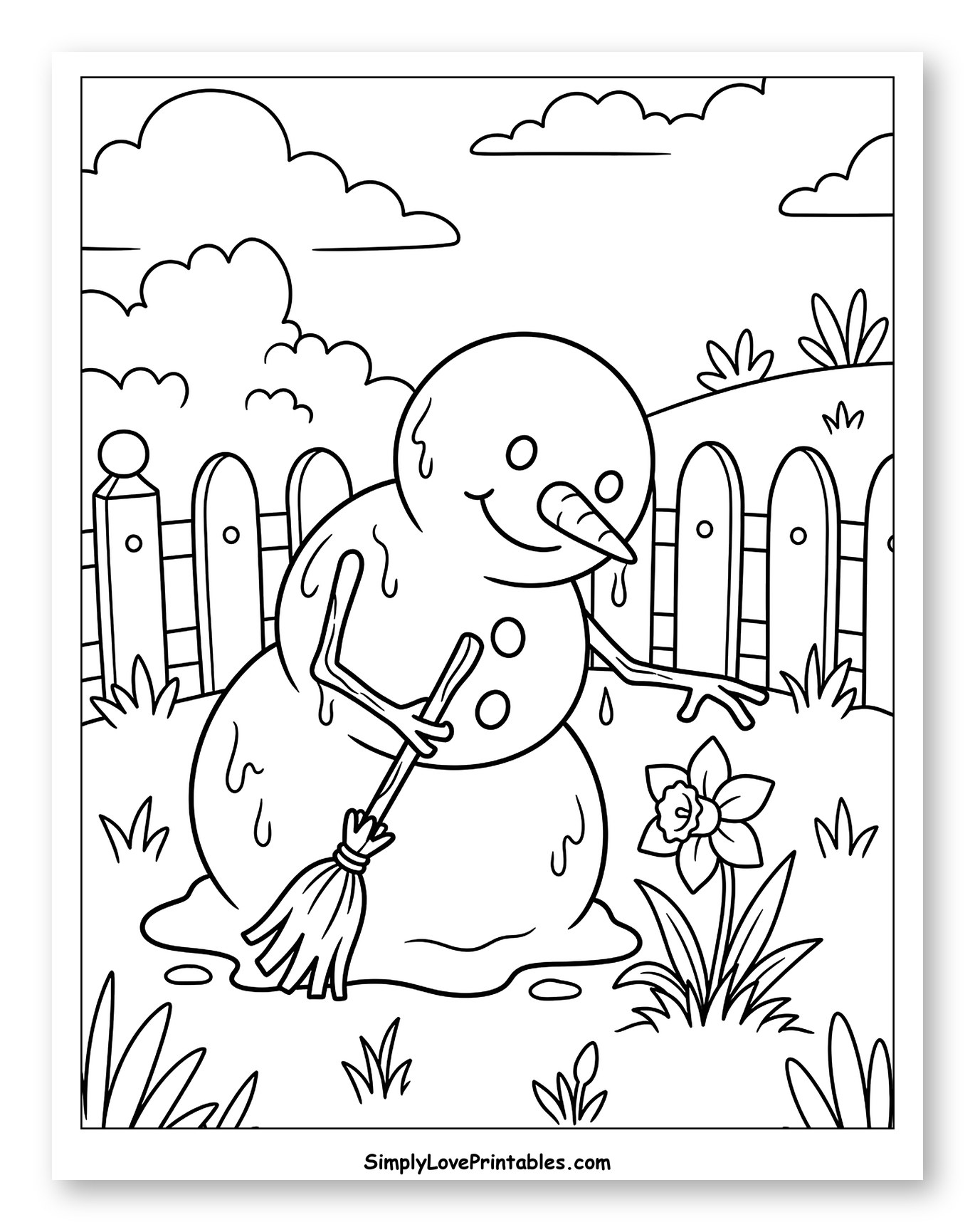 Snowman Melting Next to a Spring Daffodil