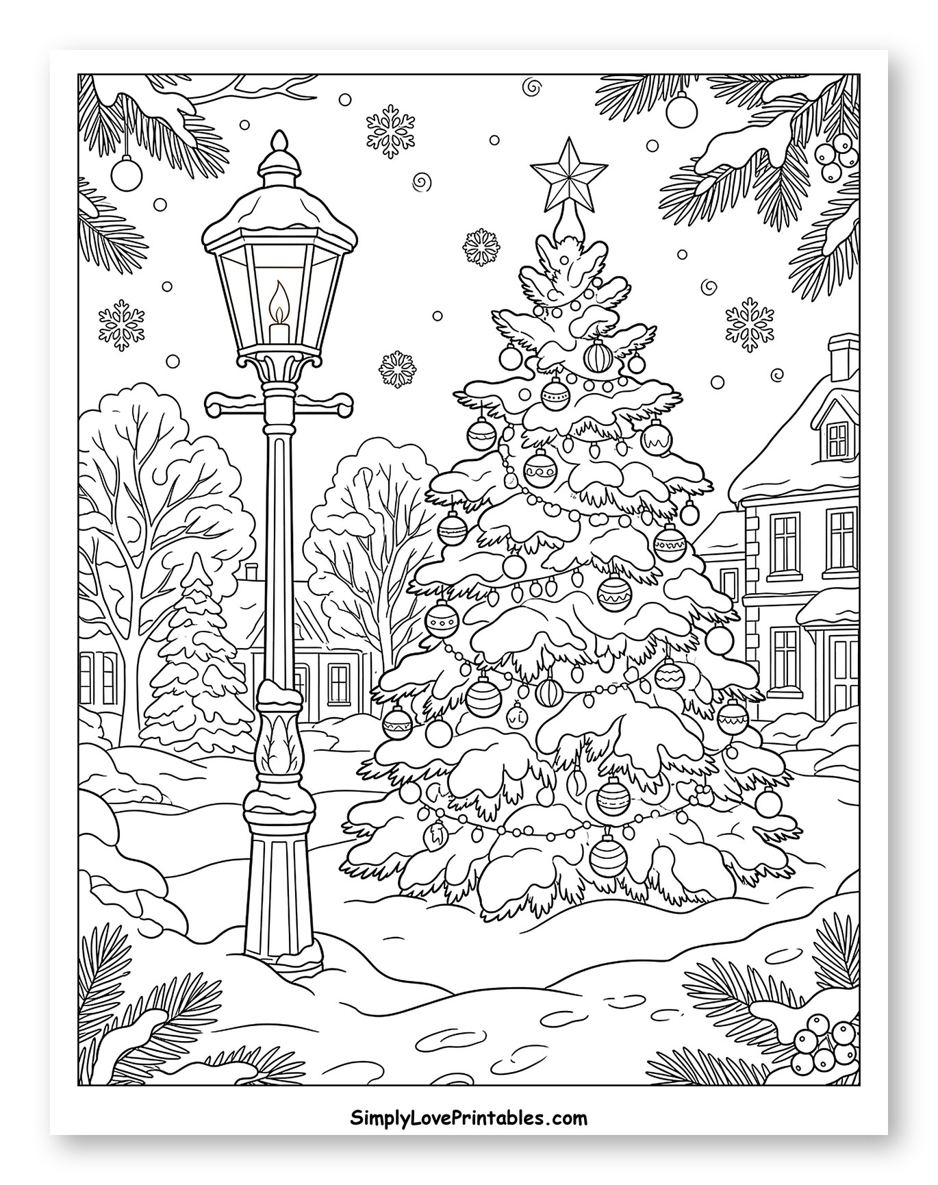 Snowy Christmas Tree and Vintage Street Lamp Coloring Sheet