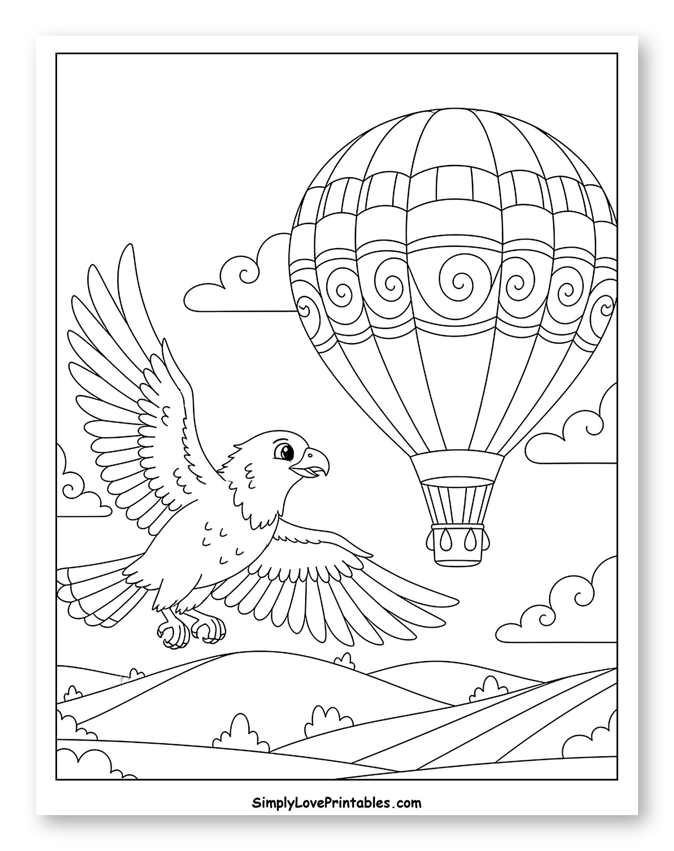 Soaring Hawk and Hot Air Balloon Over Fields Coloring Page for Kids