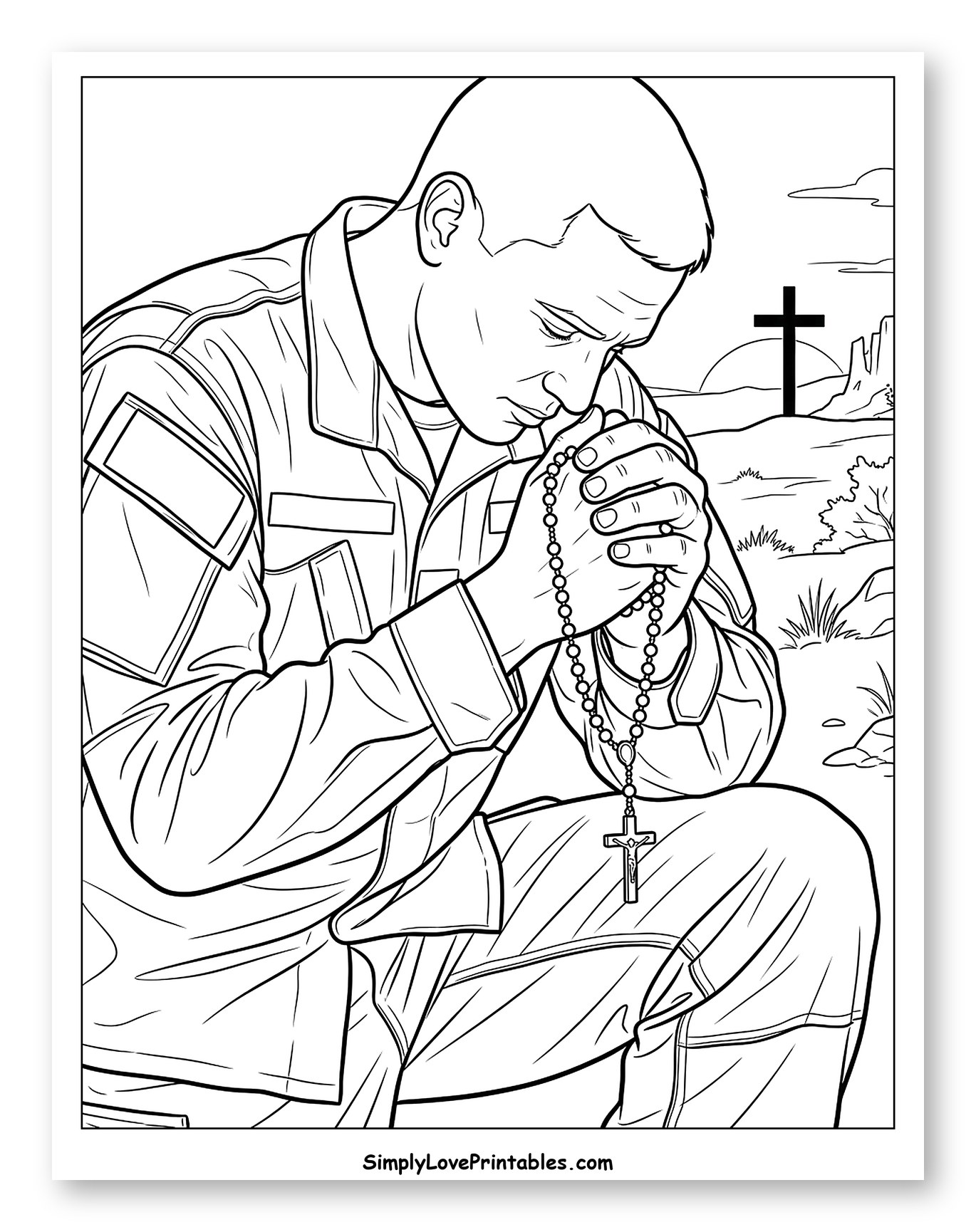 Soldier Praying with Rosary at Sunset