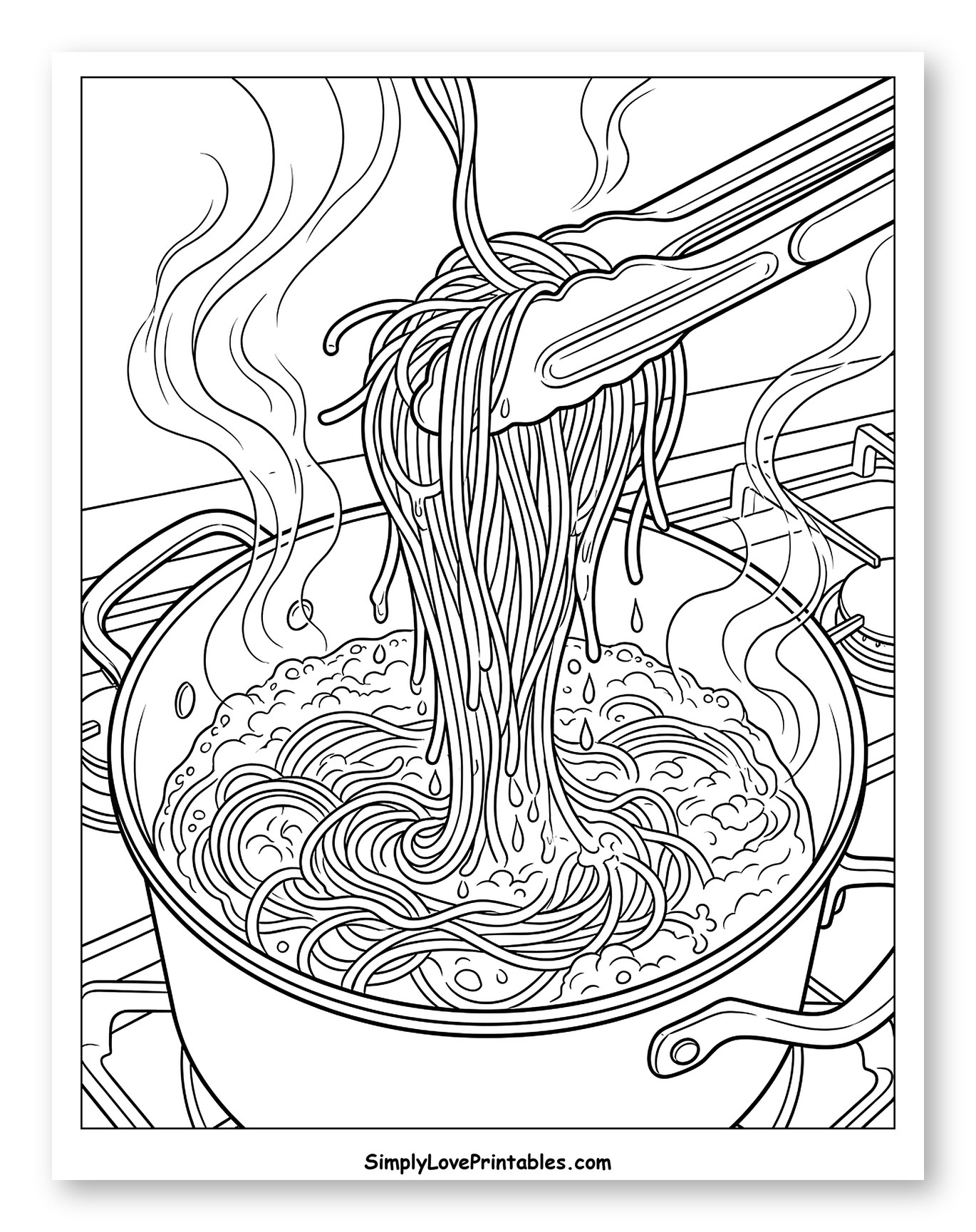 Spaghetti Being Lifted from a Steaming Pot Coloring Page