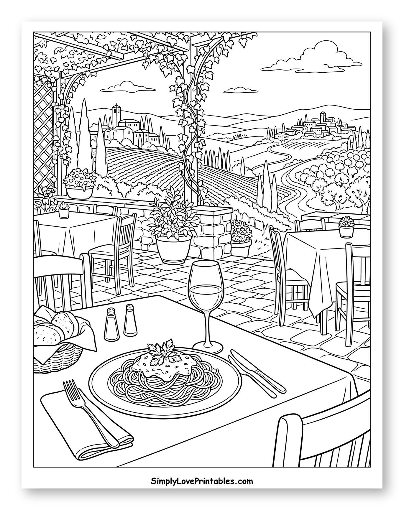 Spaghetti Dinner on an Italian Terrace Coloring Sheet