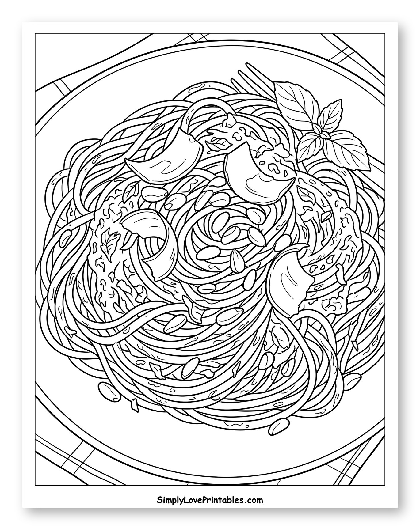 Spaghetti with Basil and Pine Nuts Coloring Sheet