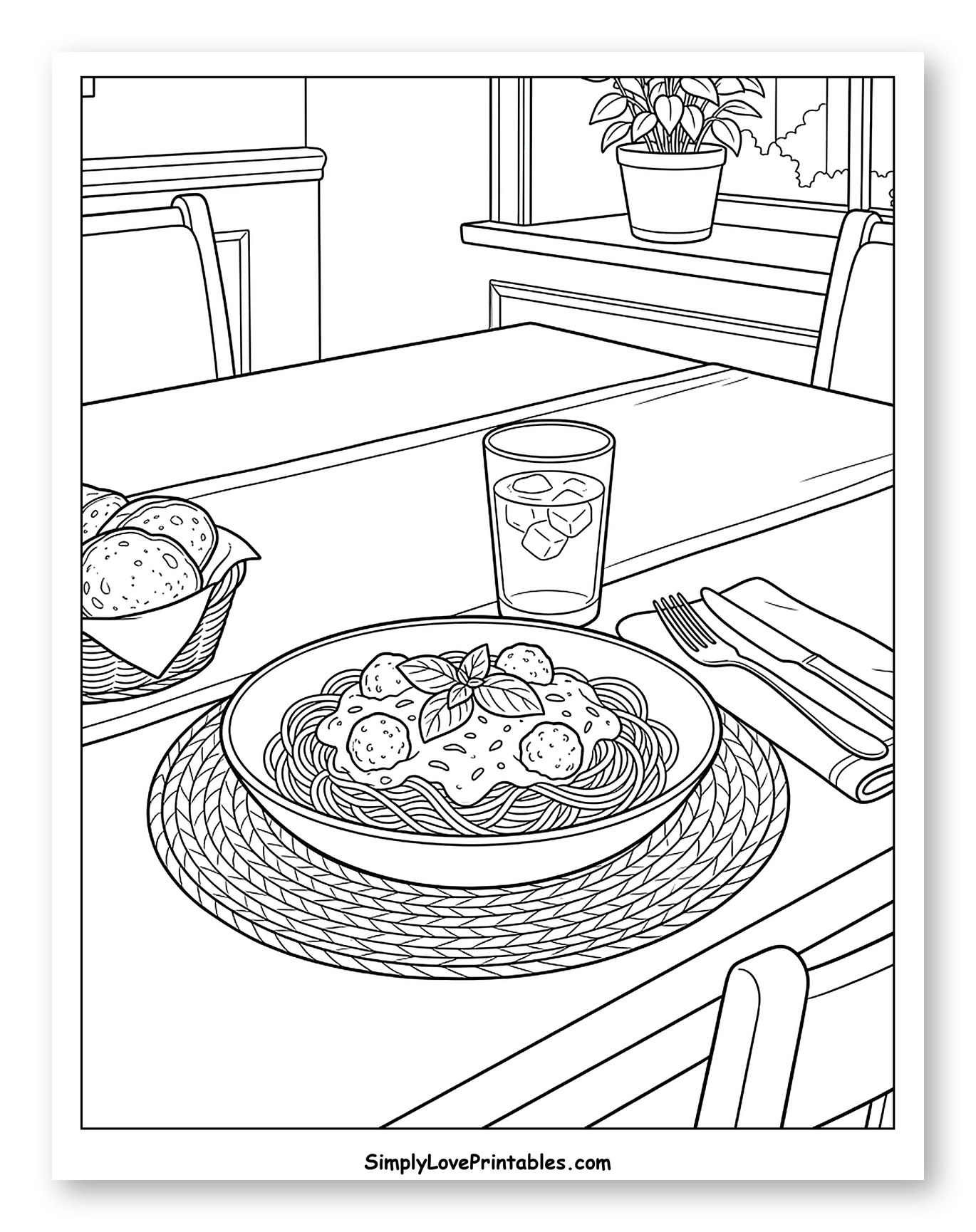 Spaghetti with Meatballs on a Dining Table to Color