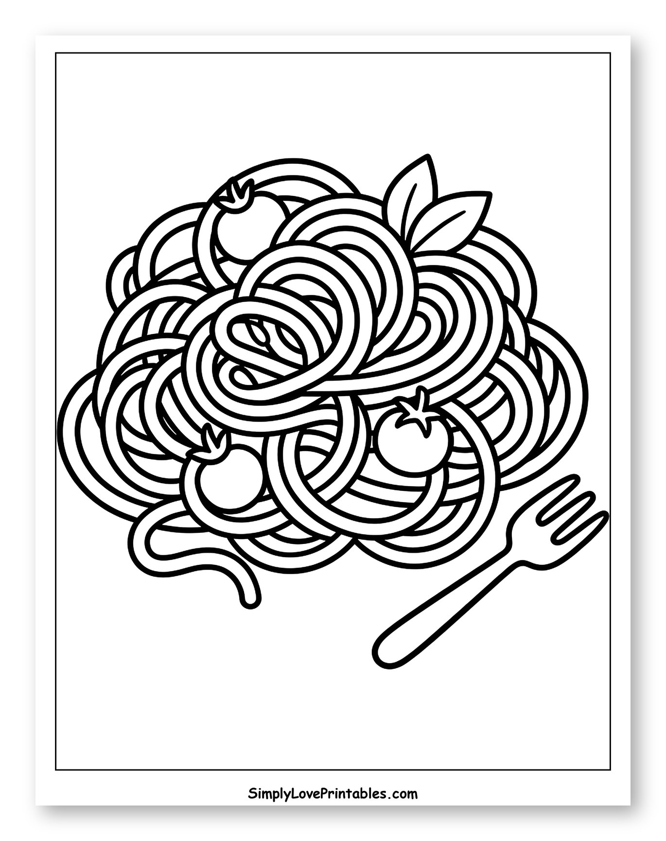 Spaghetti with Tomatoes, Basil, and Fork to Color for Toddlers