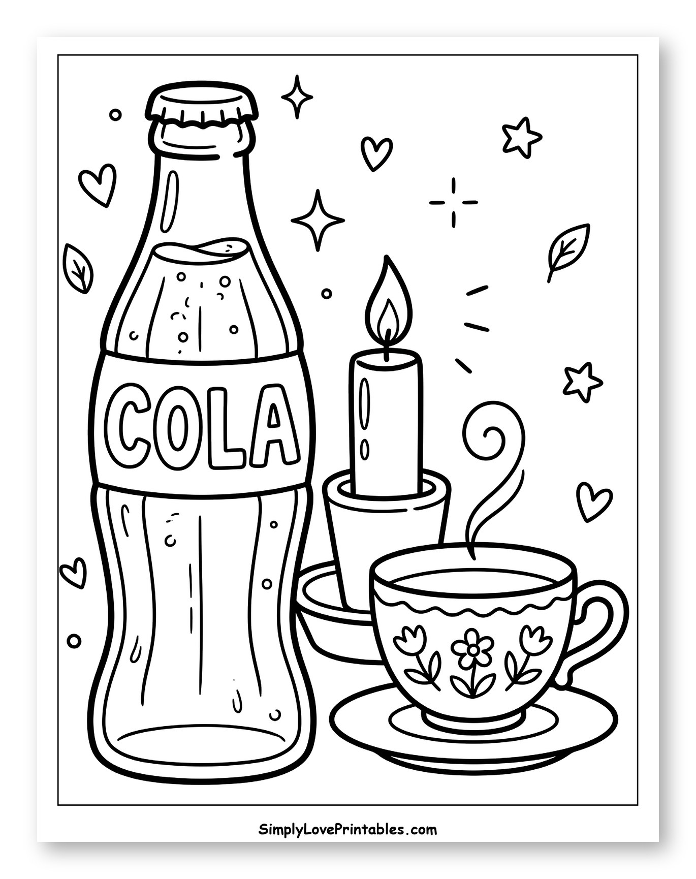 Sparkling Cola, Lit Candle, and Steaming Teacup Coloring Page for Adults