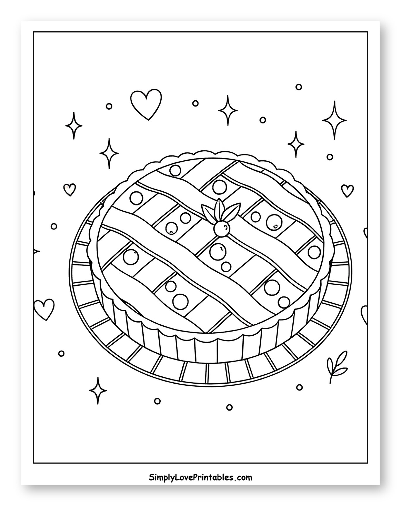 Sparkling Cranberry Pie with Berries and Hearts Coloring Sheet for Adults