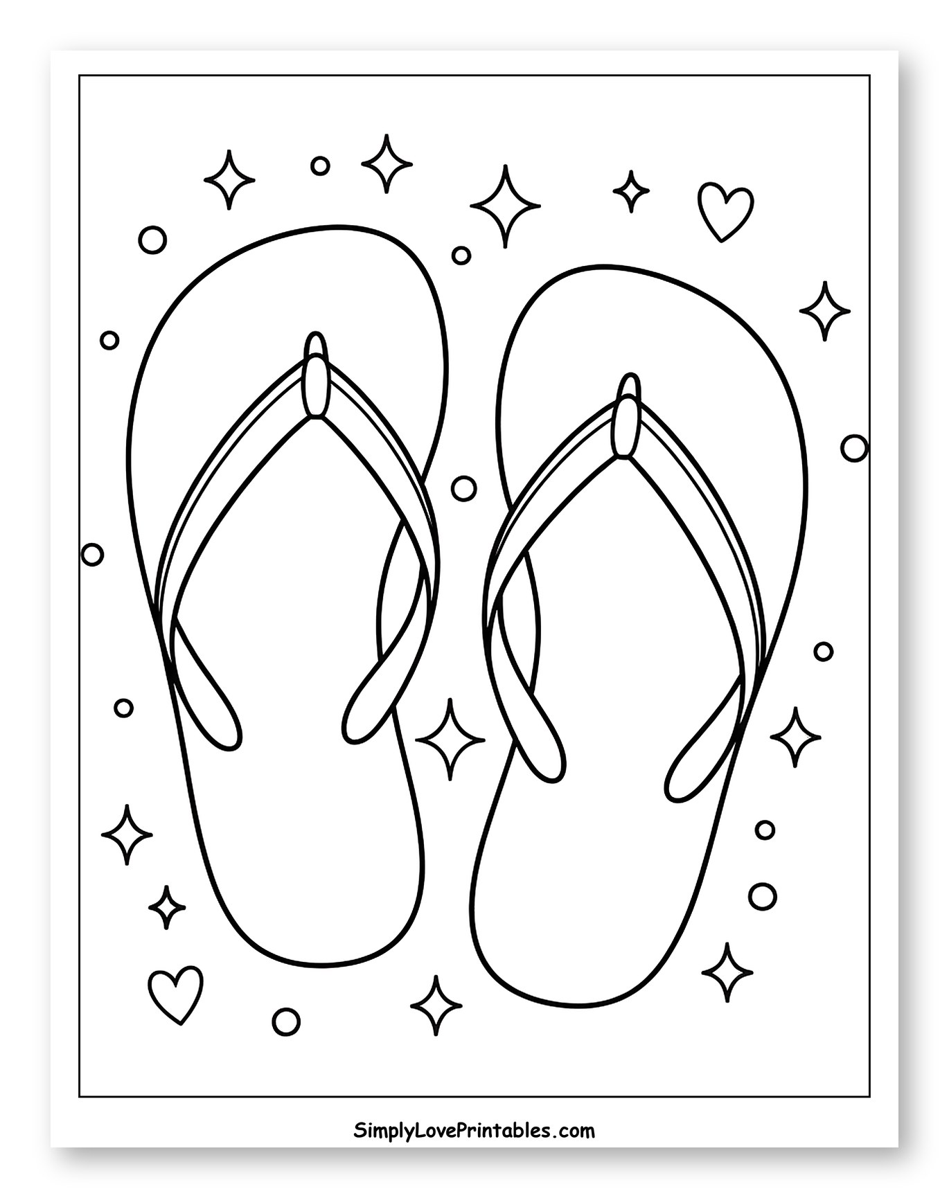Sparkling Flip Flops with Stars and Hearts Coloring Page for Adults