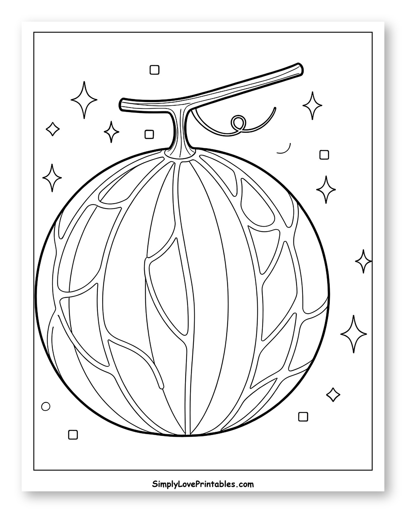 Sparkling Netted Melon with Stem and Tendril Coloring Page for Adults