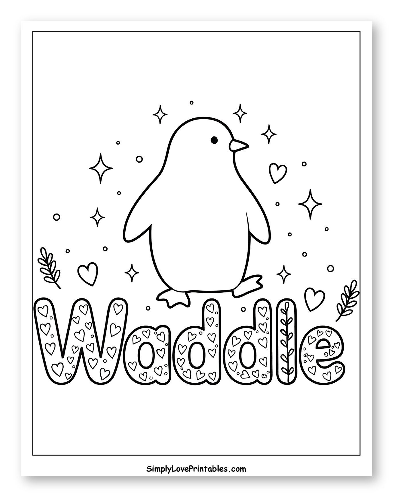 Sparkling Penguin with 'Waddle' Text Coloring Sheet for Adults