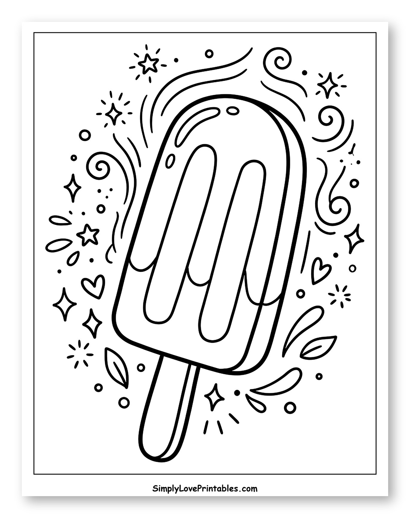Sparkling Popsicle with Hearts and Swirls Coloring Page for Adults