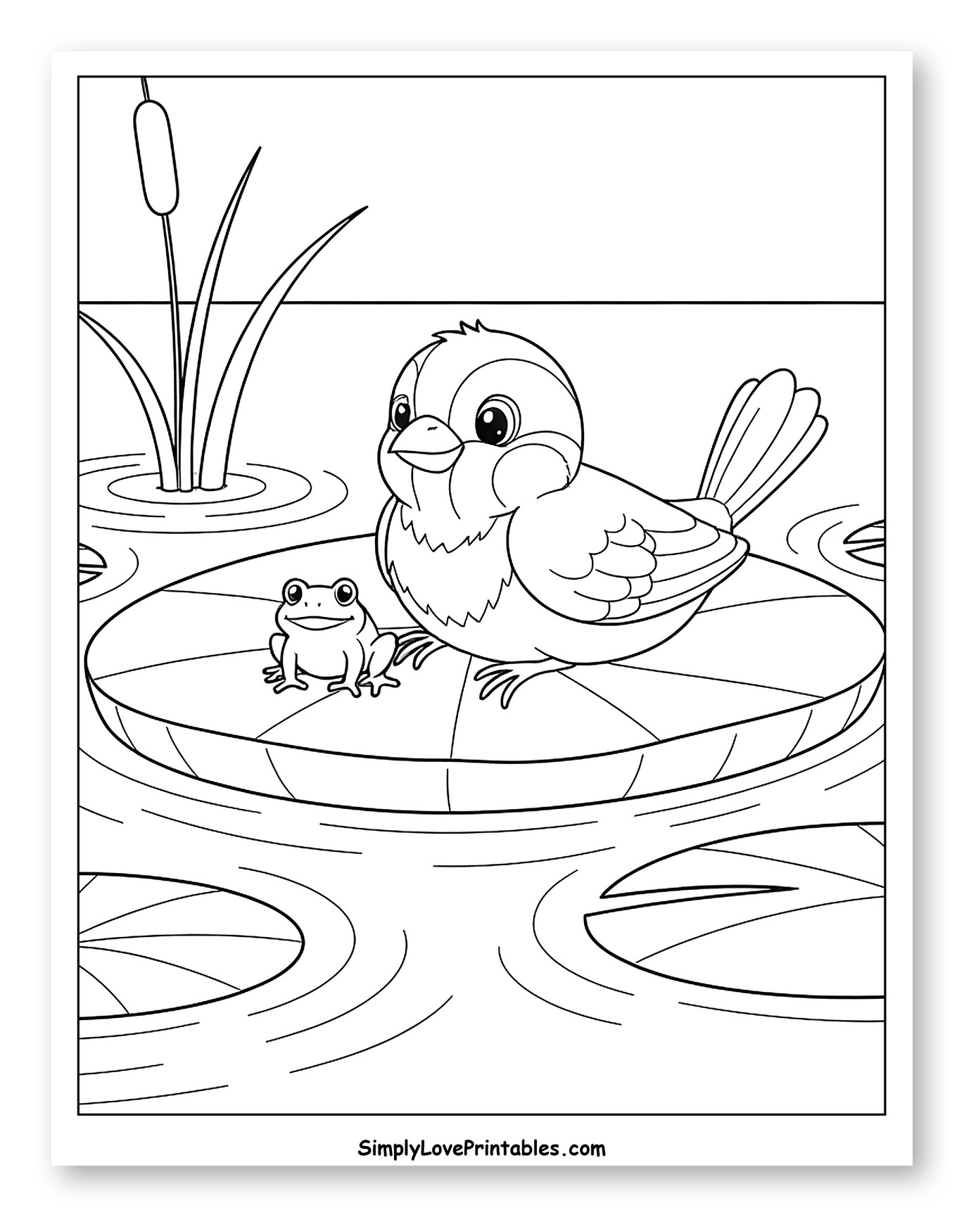 Sparrow and Frog on a Pond Lily Pad Coloring Page for Kids