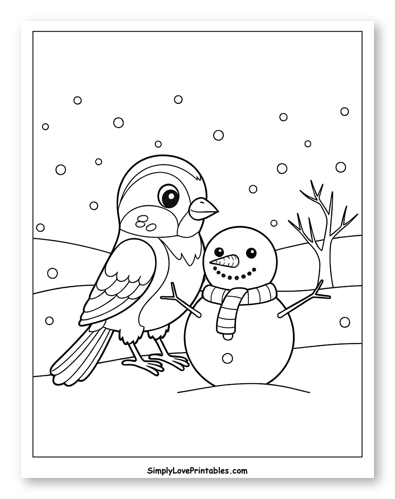Sparrow and Snowman in Winter Snow Coloring Sheet for Kids