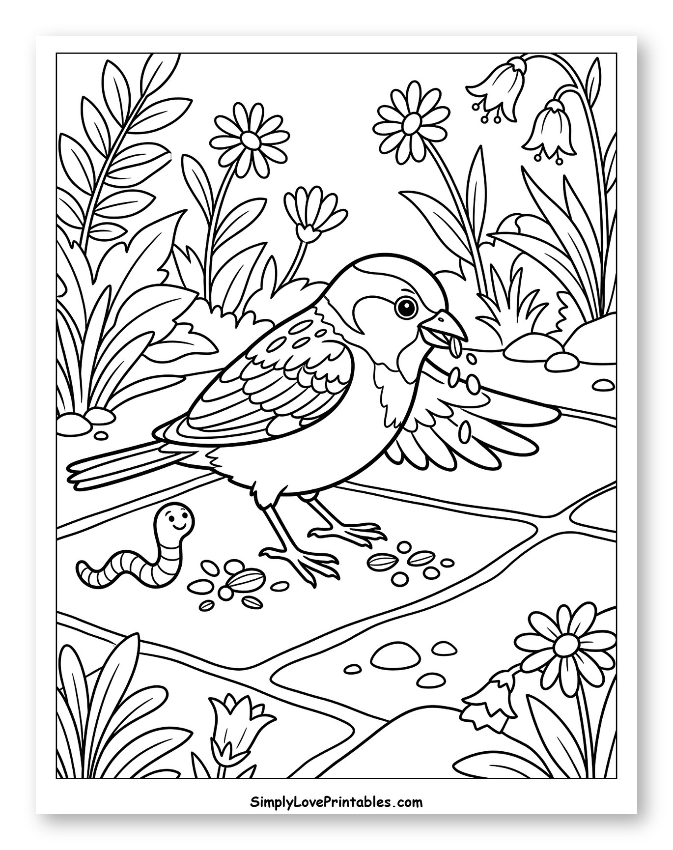 Sparrow Eating Seeds in a Flowery Garden