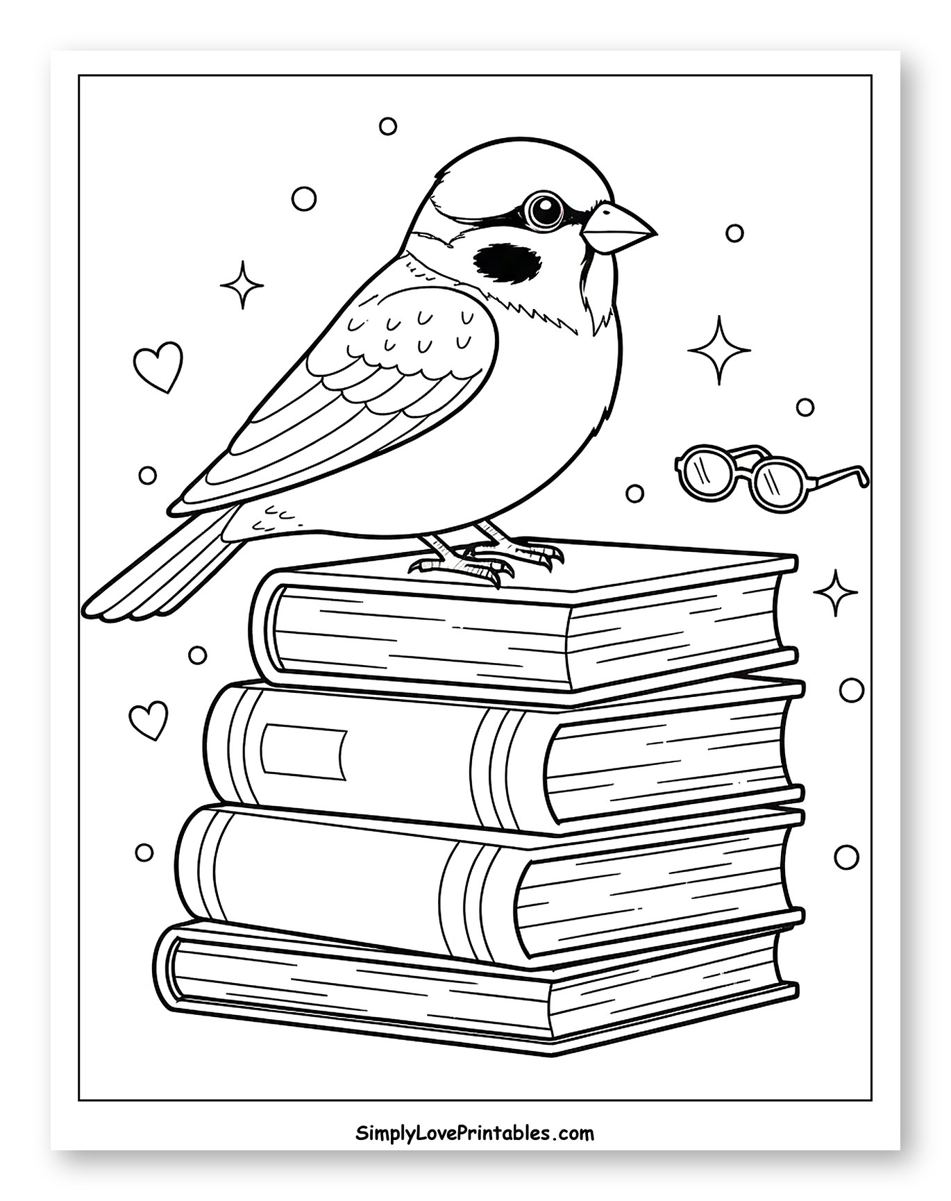 Sparrow Perched on a Stack of Books Coloring Sheet for Adults
