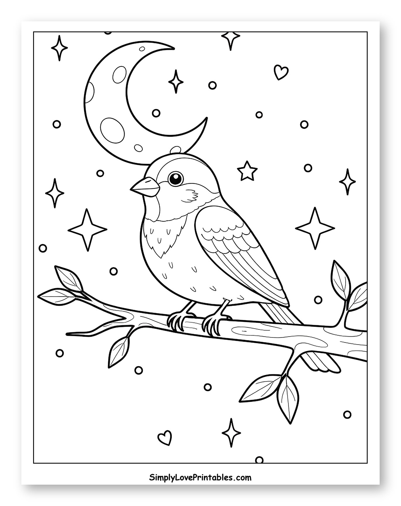 Sparrow Perched on Branch under Moon and Stars Coloring Page for Adults