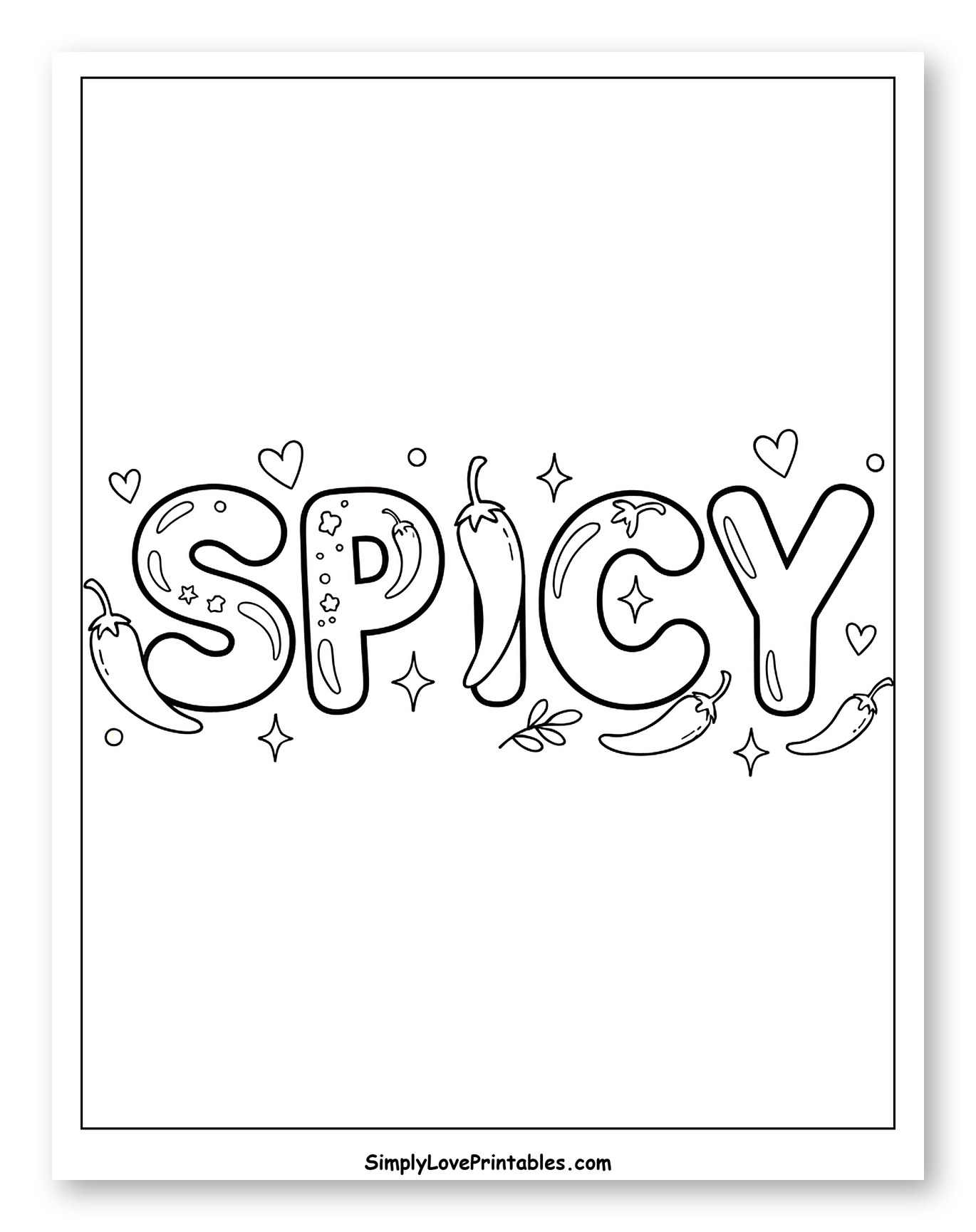 Spicy Bubble Letters with Chili Peppers and Hearts to Color for Adults