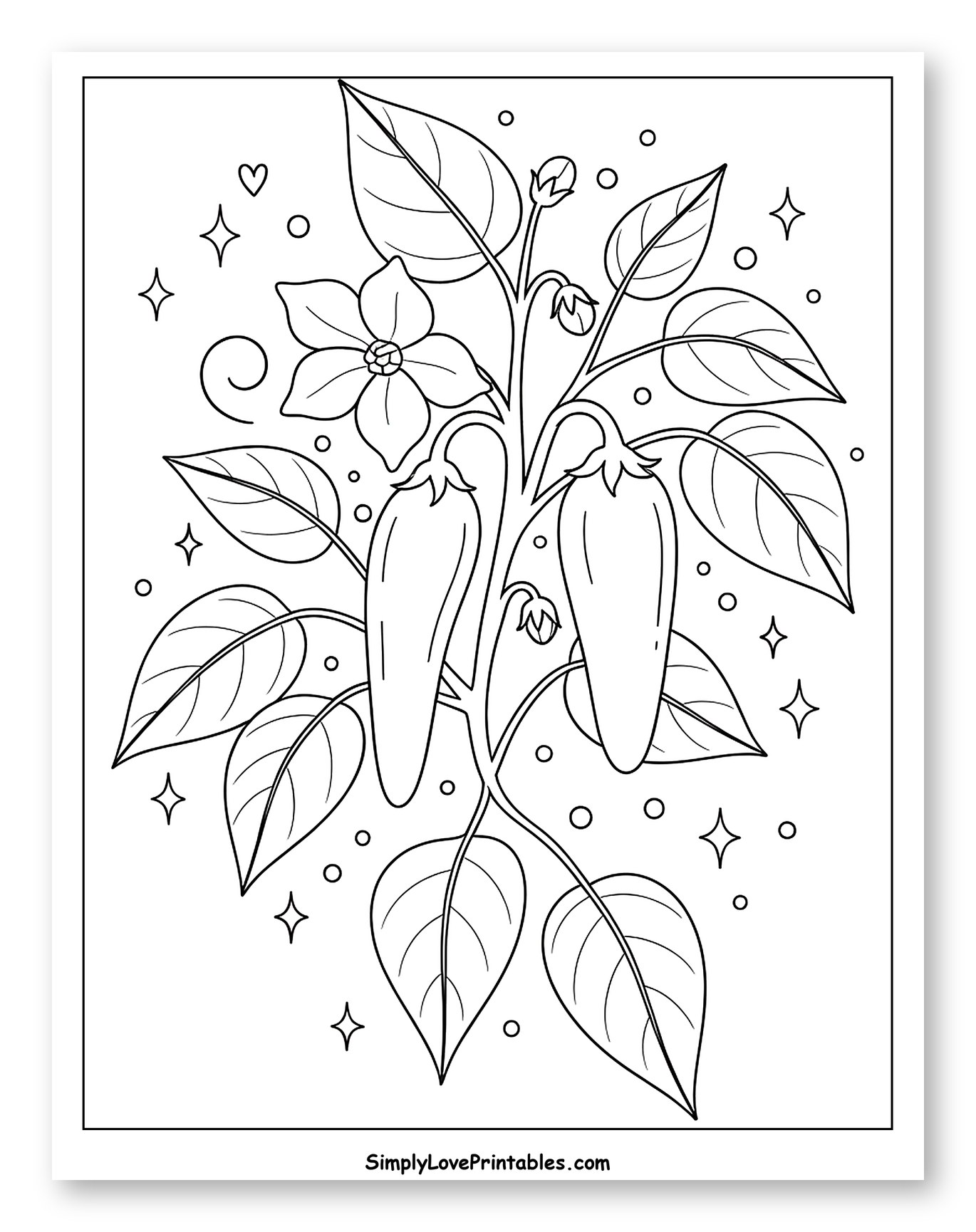Spicy Jalapeño Plant with Flowers and Leaves Coloring Page for Adults