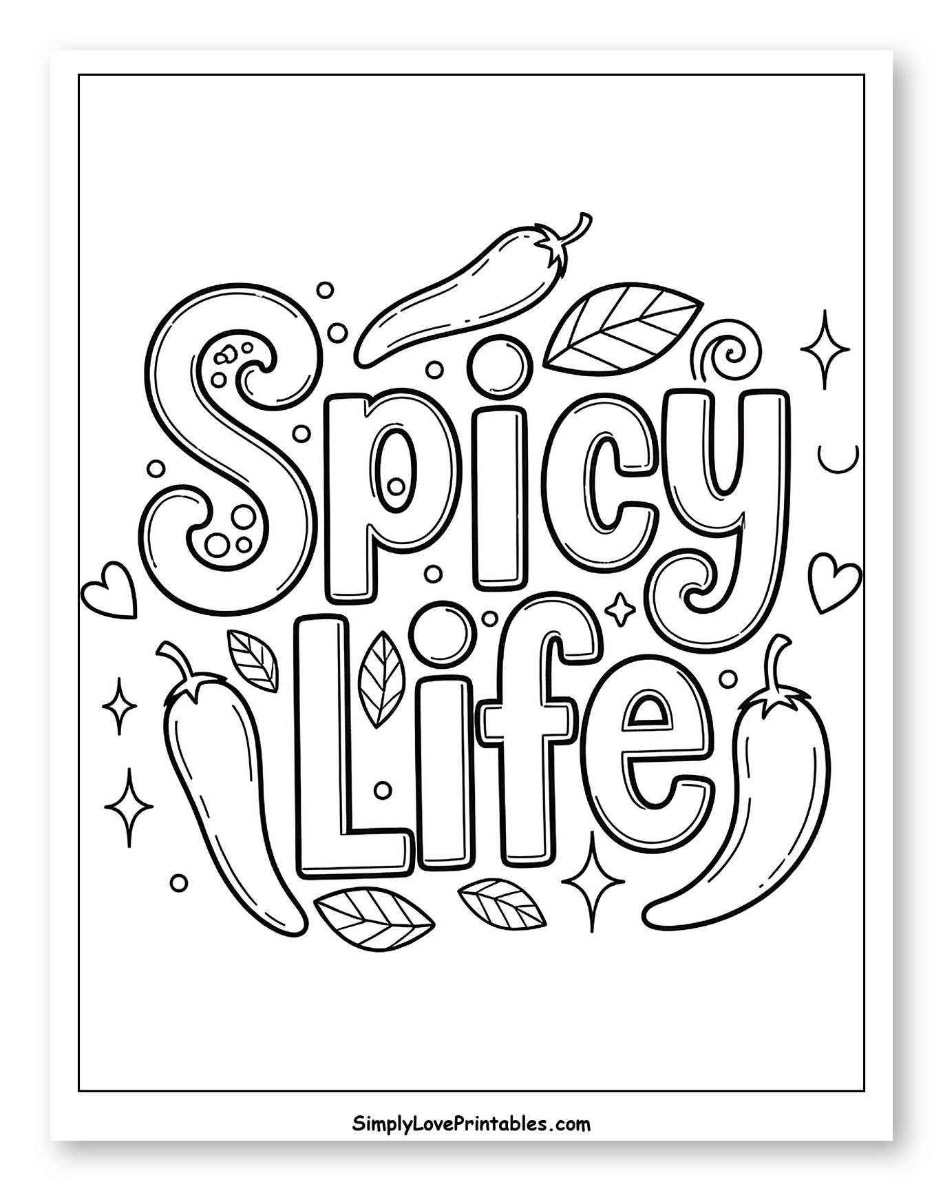 Spicy Life Lettering with Chili Peppers Coloring Sheet for Adults
