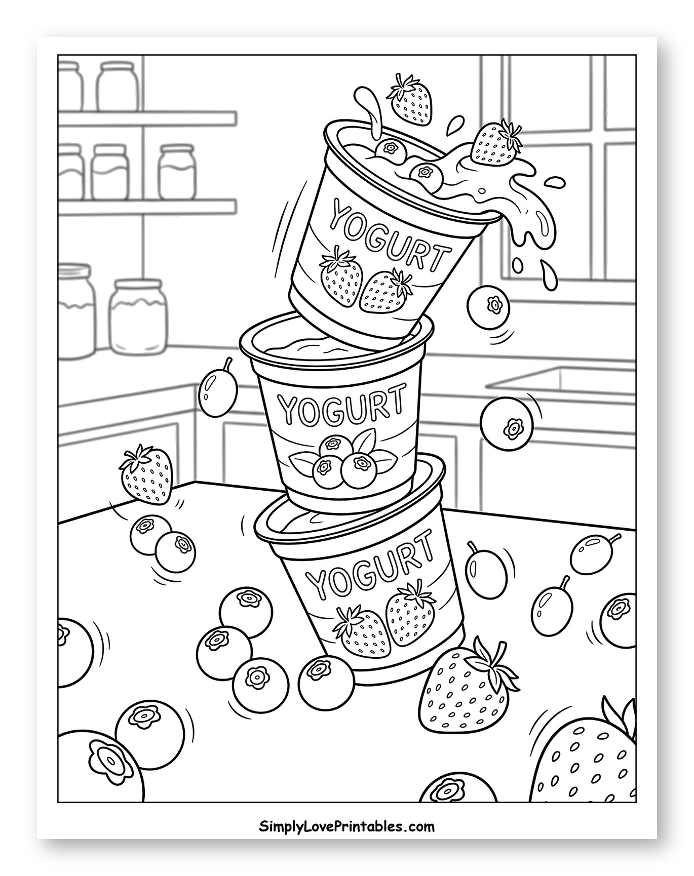 Spilling Yogurt Cups with Falling Berries Coloring Page
