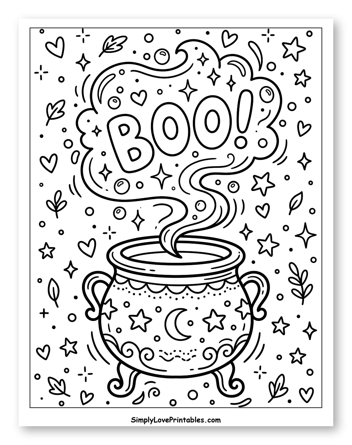 Spooky Cauldron with BOO! Steam and Stars to Color for Adults