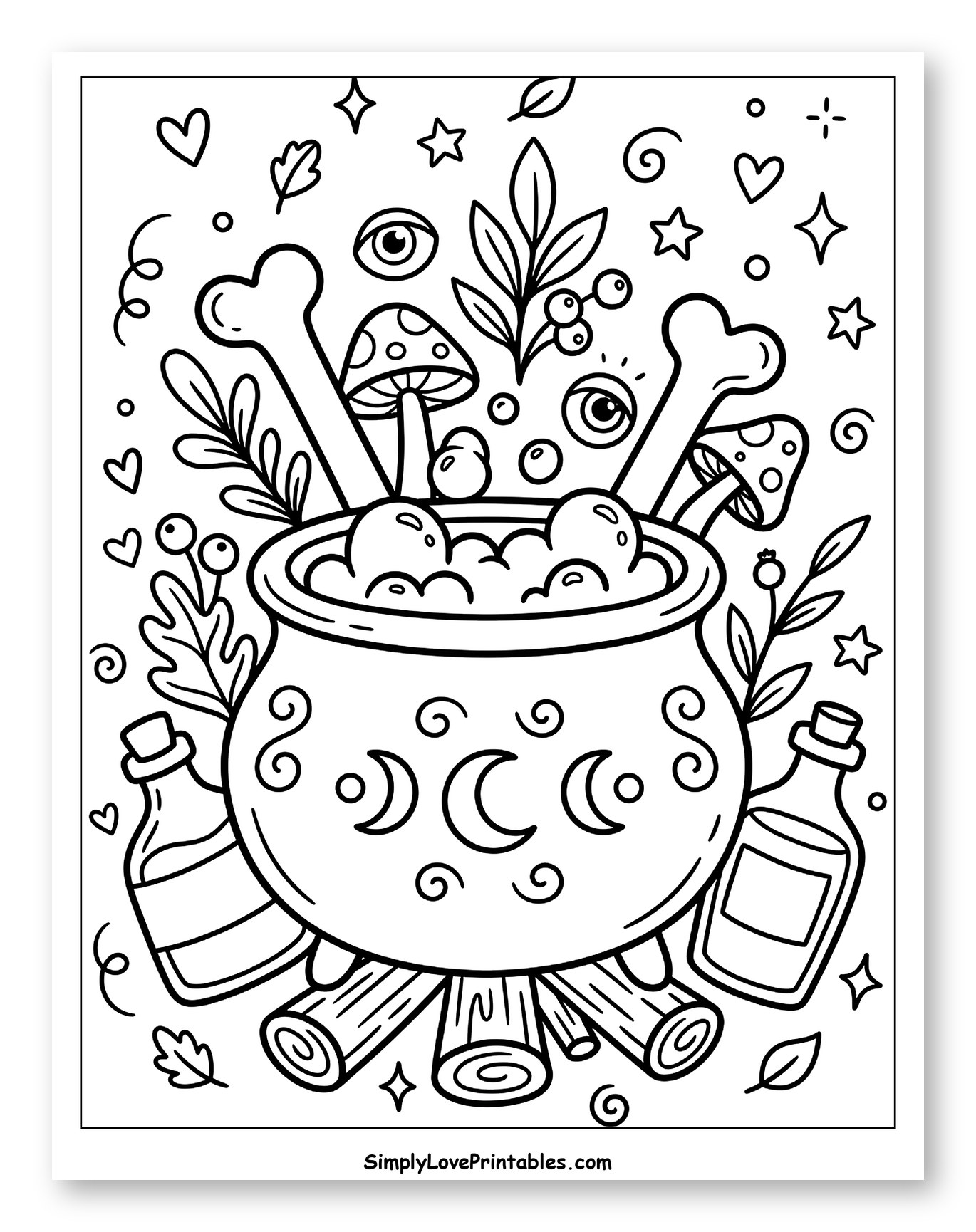 Spooky Cauldron with Halloween Elements to Color for Adults