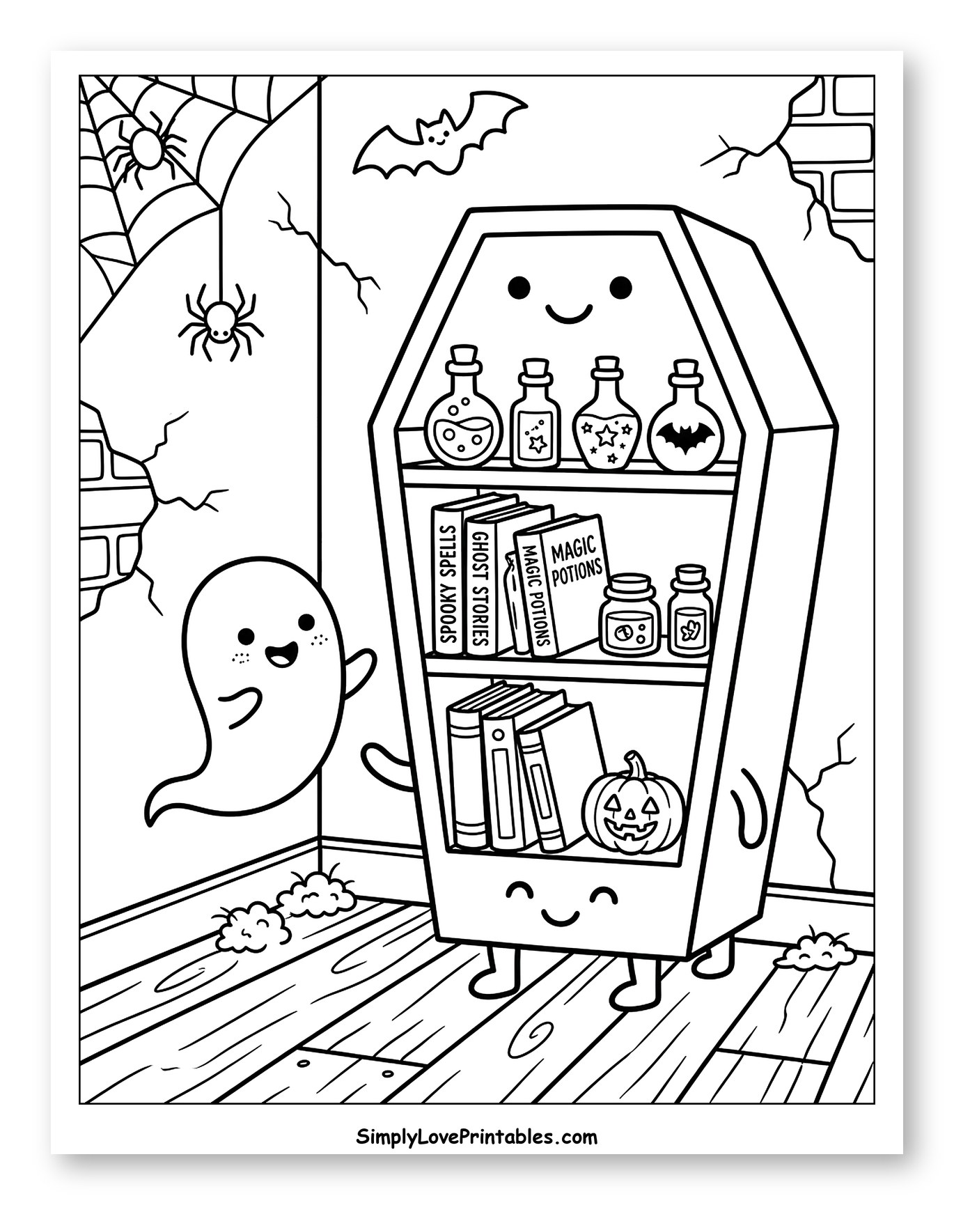 Spooky Coffin Bookshelf with Halloween Friends
