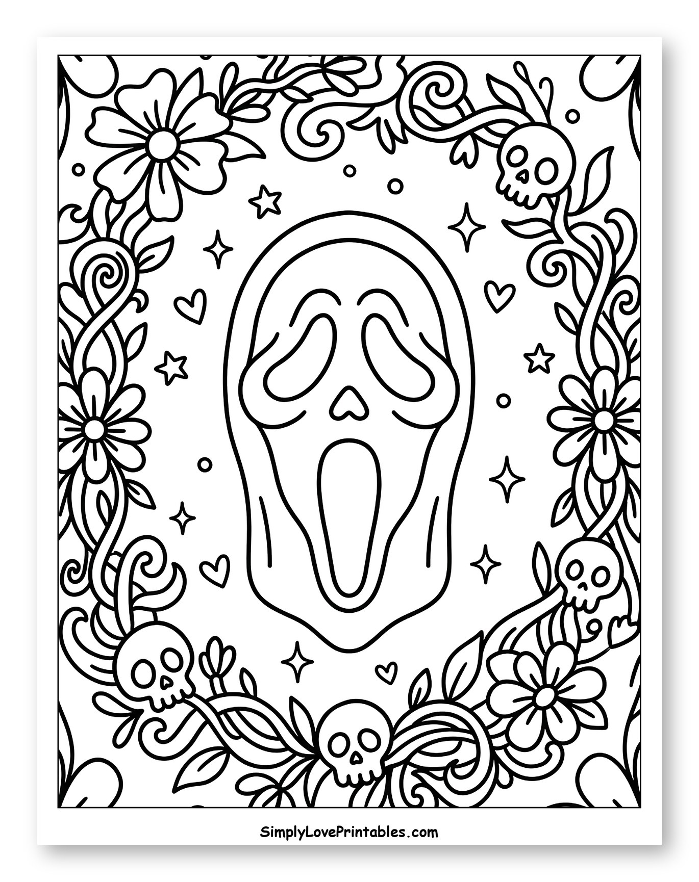 Spooky Ghostface Mask with Flowery Border Coloring Sheet for Adults