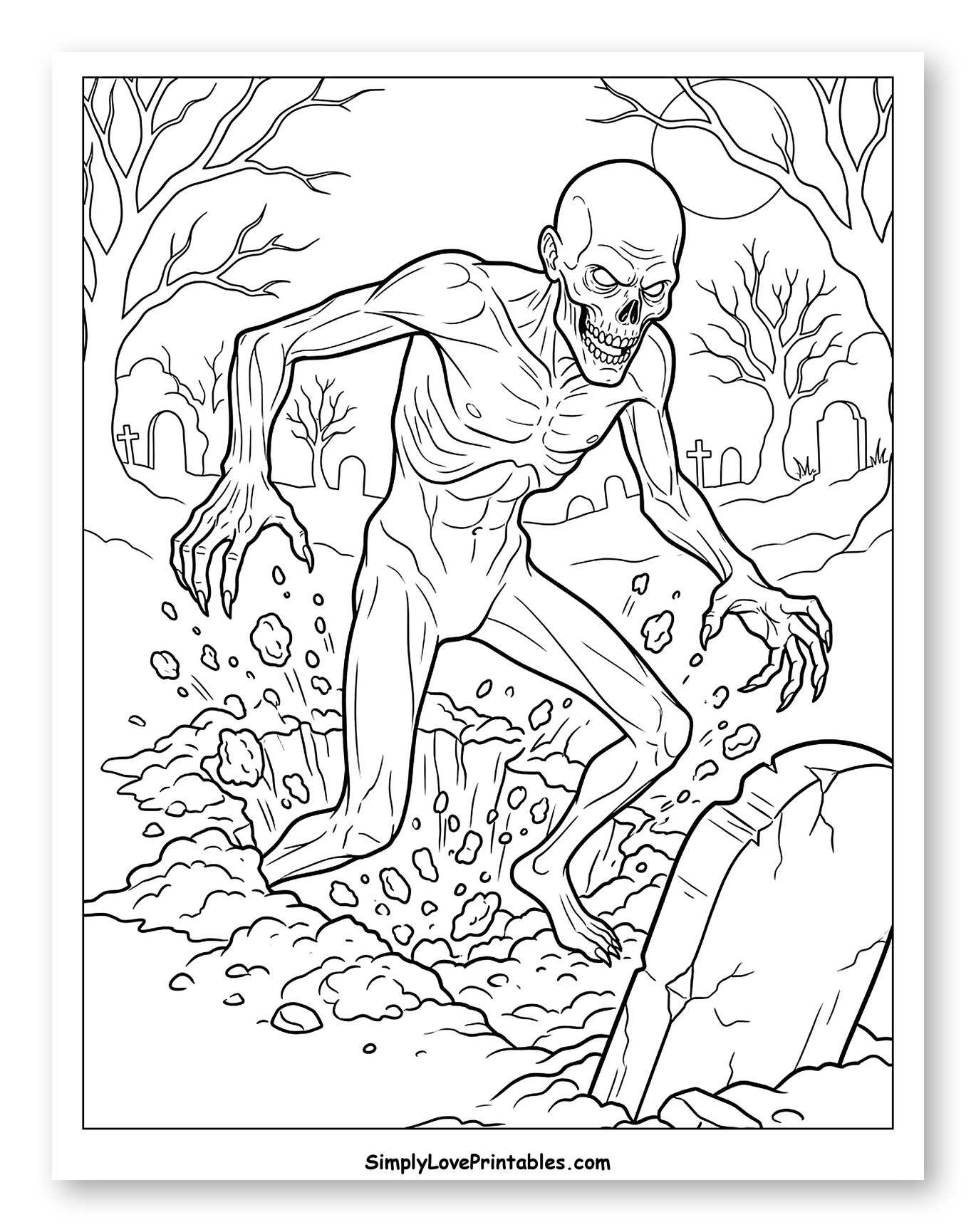 Spooky Ghoul Emerging from a Grave Coloring Page