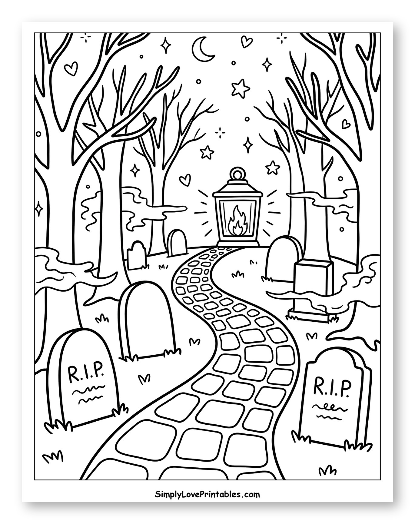 Spooky Graveyard Path with Lantern and Trees