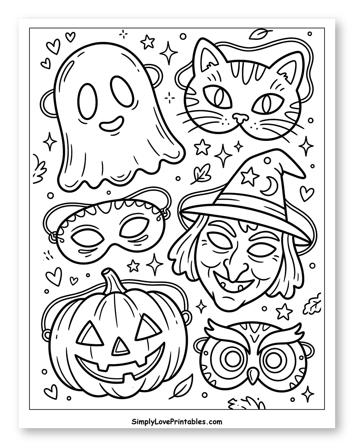 Spooky Halloween Ghost, Masks, and Pumpkin Coloring Sheet for Adults