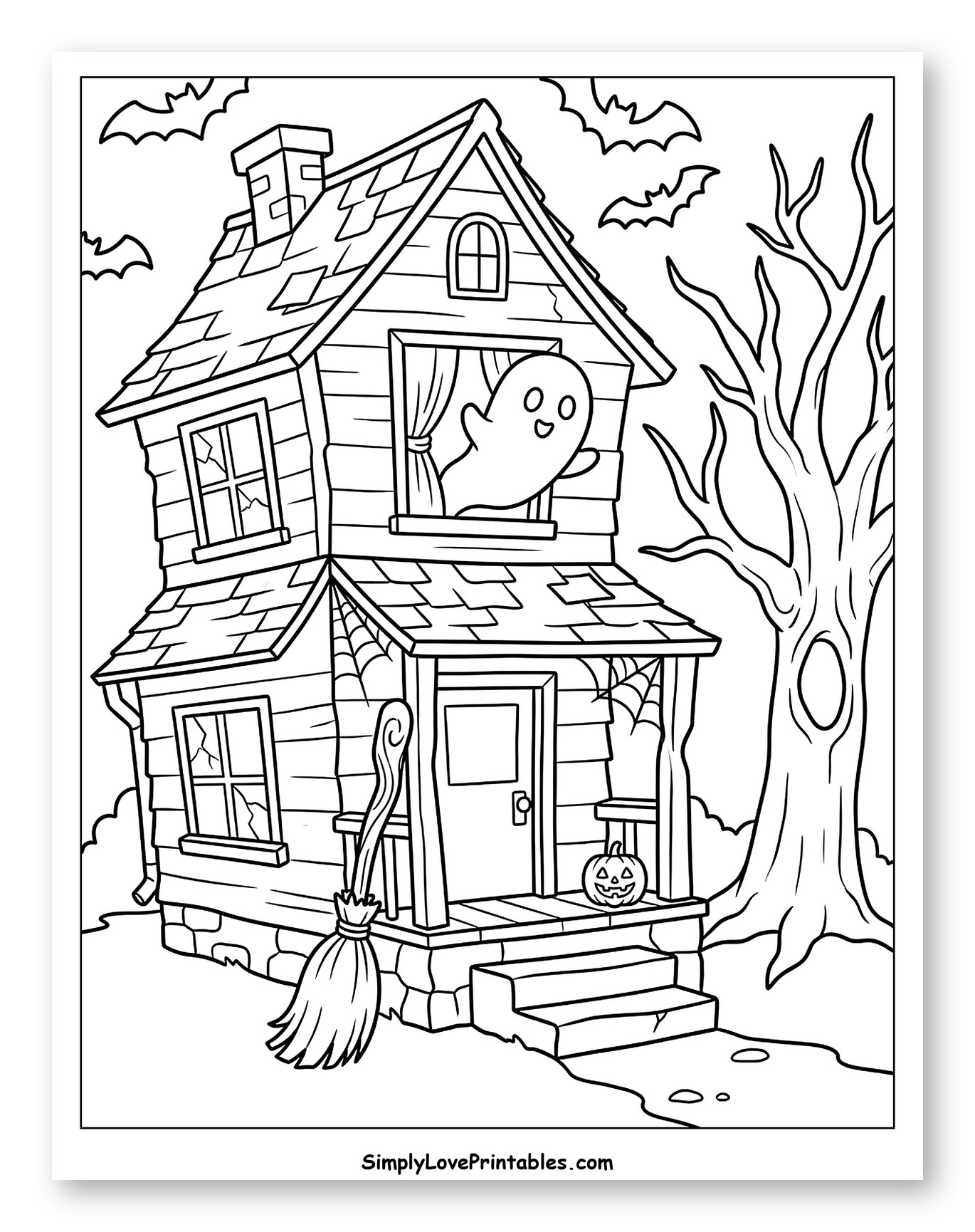 Spooky Halloween House with Broomstick and Ghost