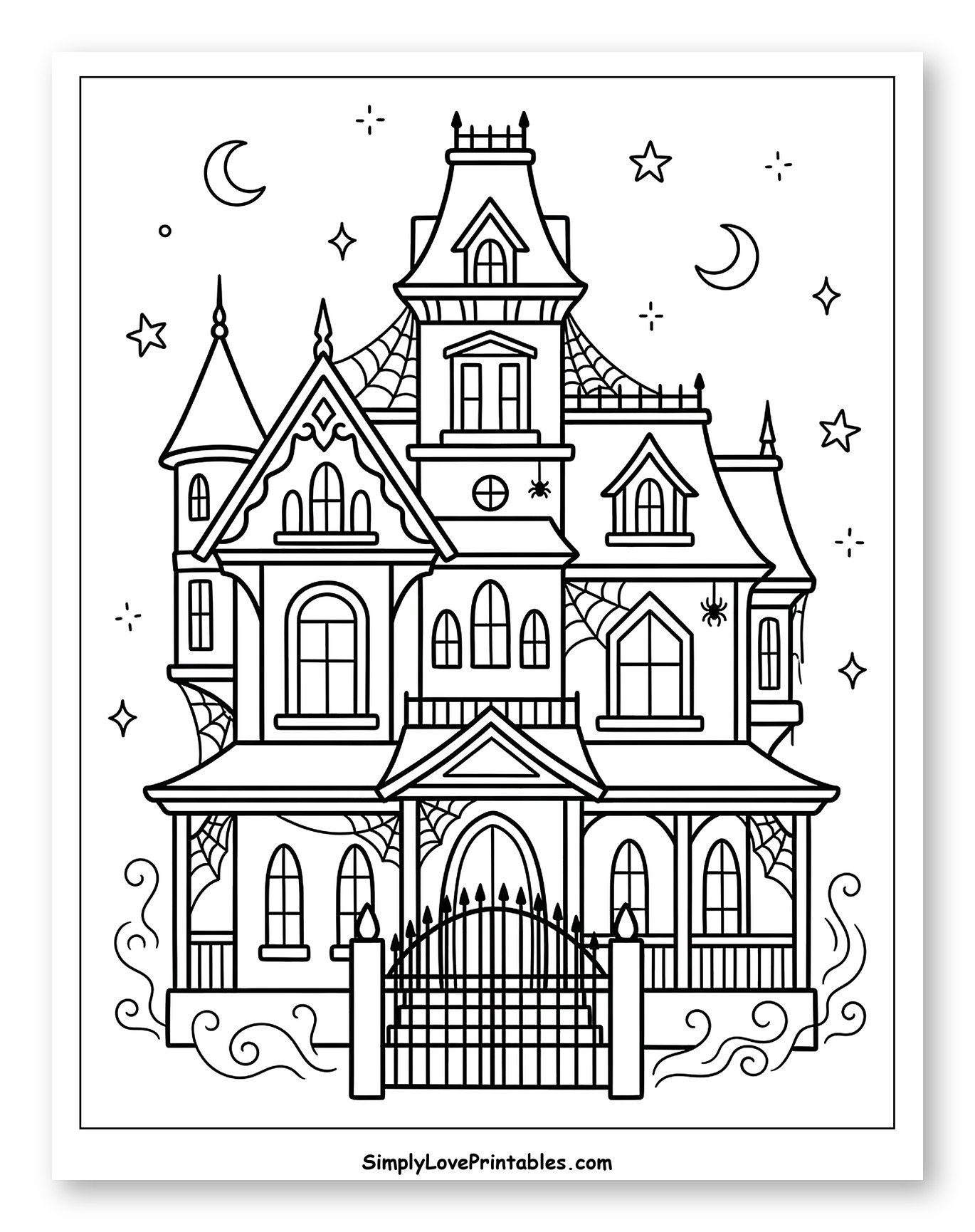 Spooky Haunted House with Spiderwebs and Moons