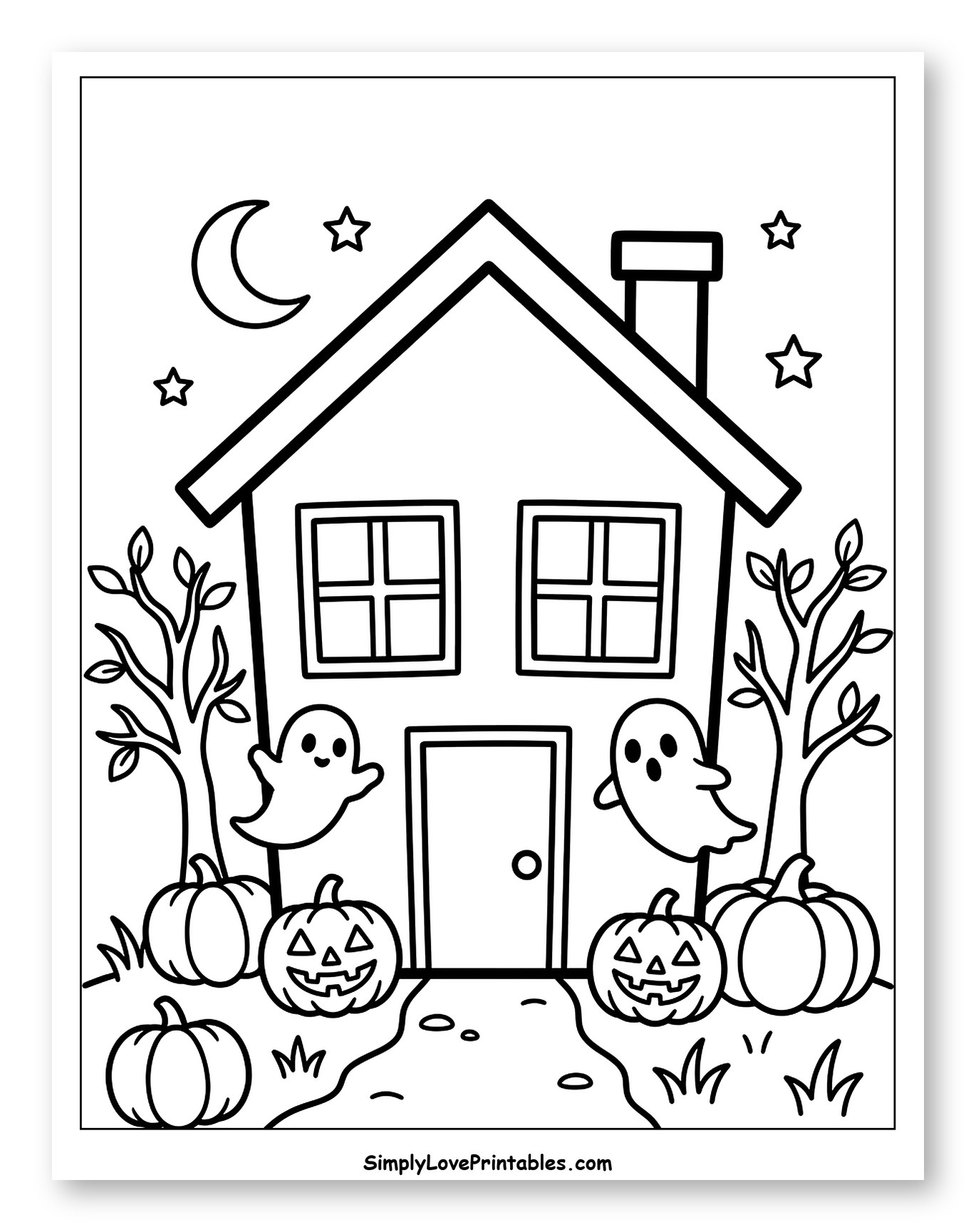 Spooky House with Ghosts and Pumpkins to Color for Toddlers
