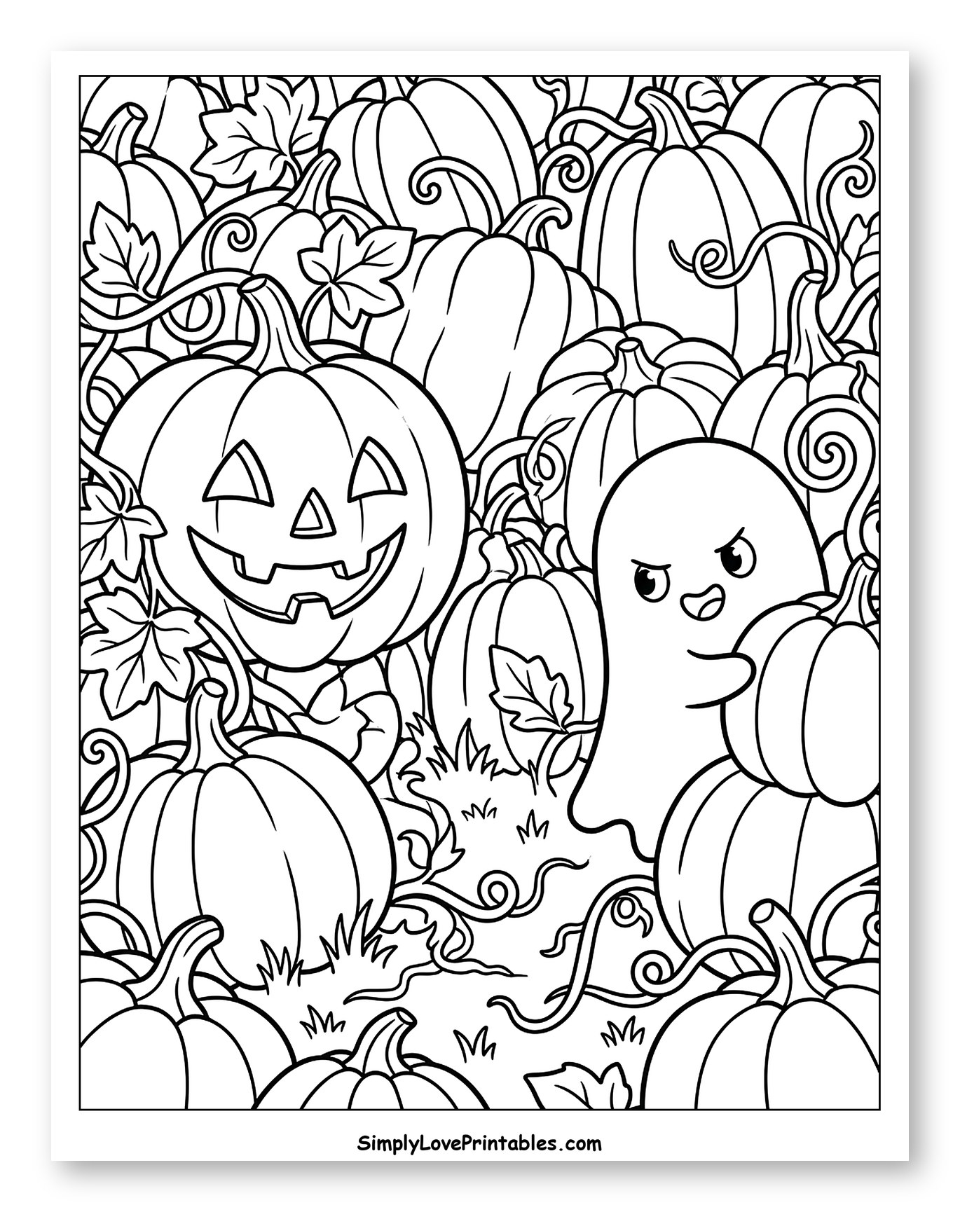 Spooky Jack-o'-lantern and Ghost in Pumpkin Patch