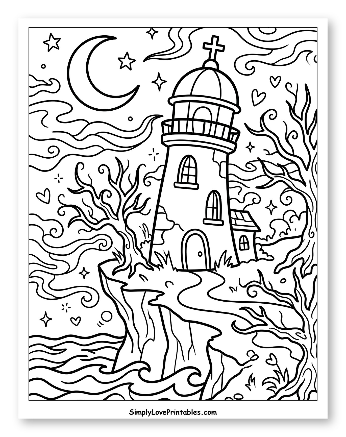 Spooky Lighthouse on a Cliff at Night Coloring Page for Adults