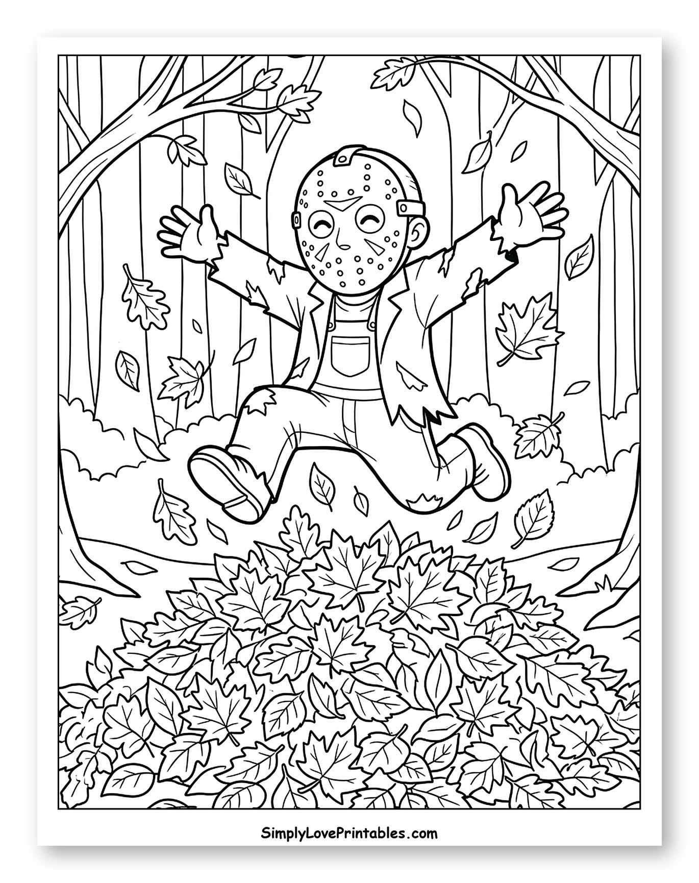 Spooky Mask Kid Jumps in Fall Leaves