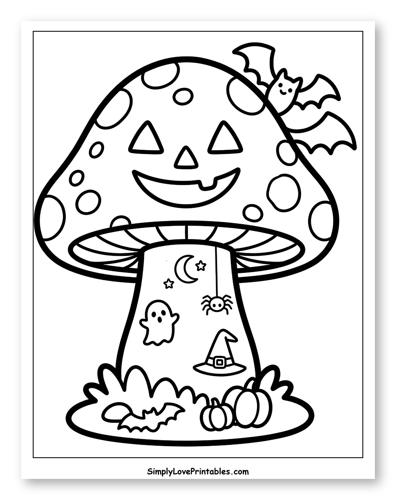 Spooky Mushroom House with Bat and Pumpkins Coloring Sheet for Toddlers