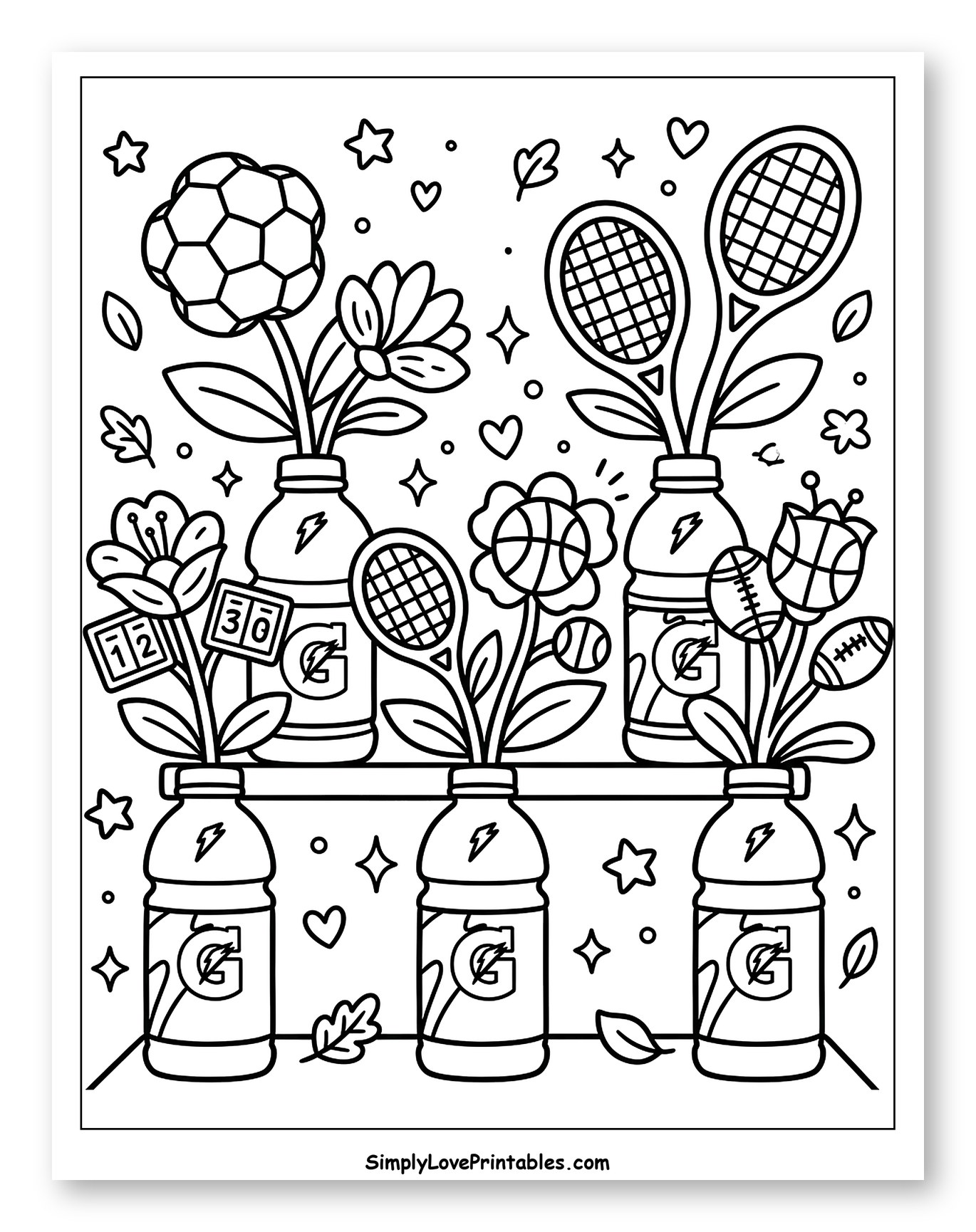 Sports Gear Flowers in Gatorade Bottles Coloring Page for Adults