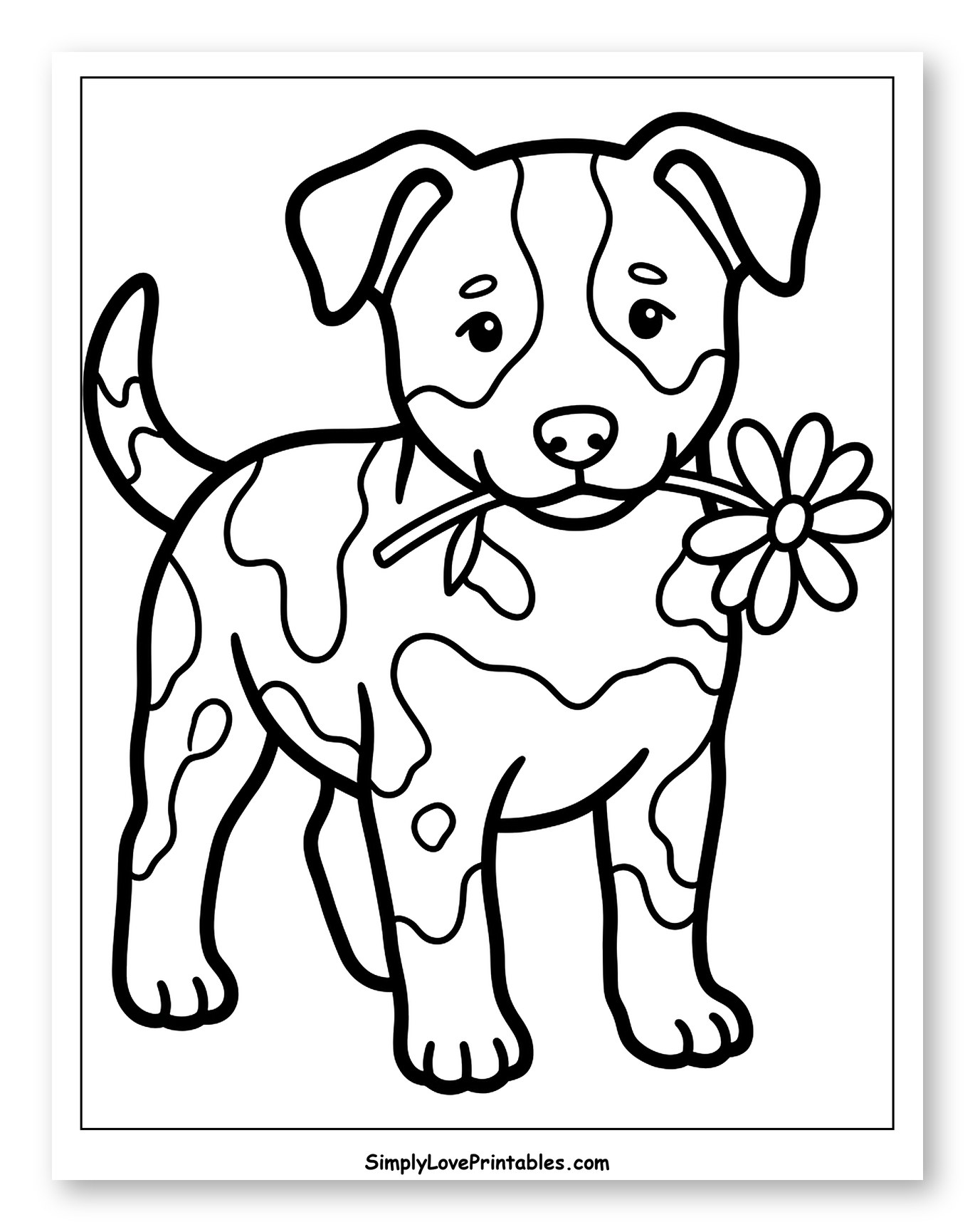 Spotted Puppy Holding a Flower Coloring Page for Toddlers