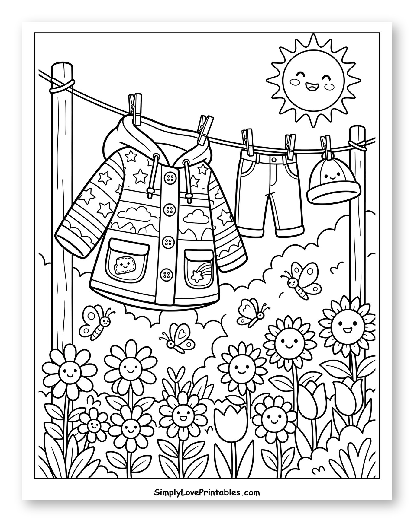 Spring Clothes Drying Amidst Smiling Flowers to Color for Kids
