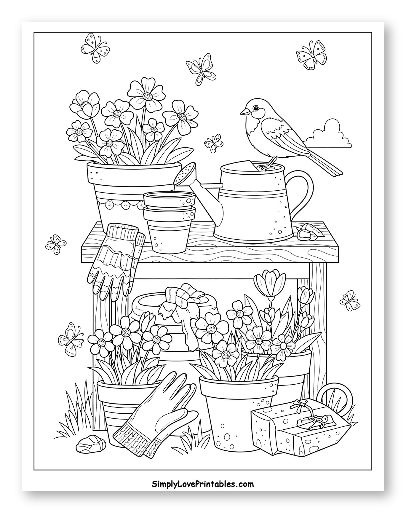 Spring Garden Scene with Bird and Flowers