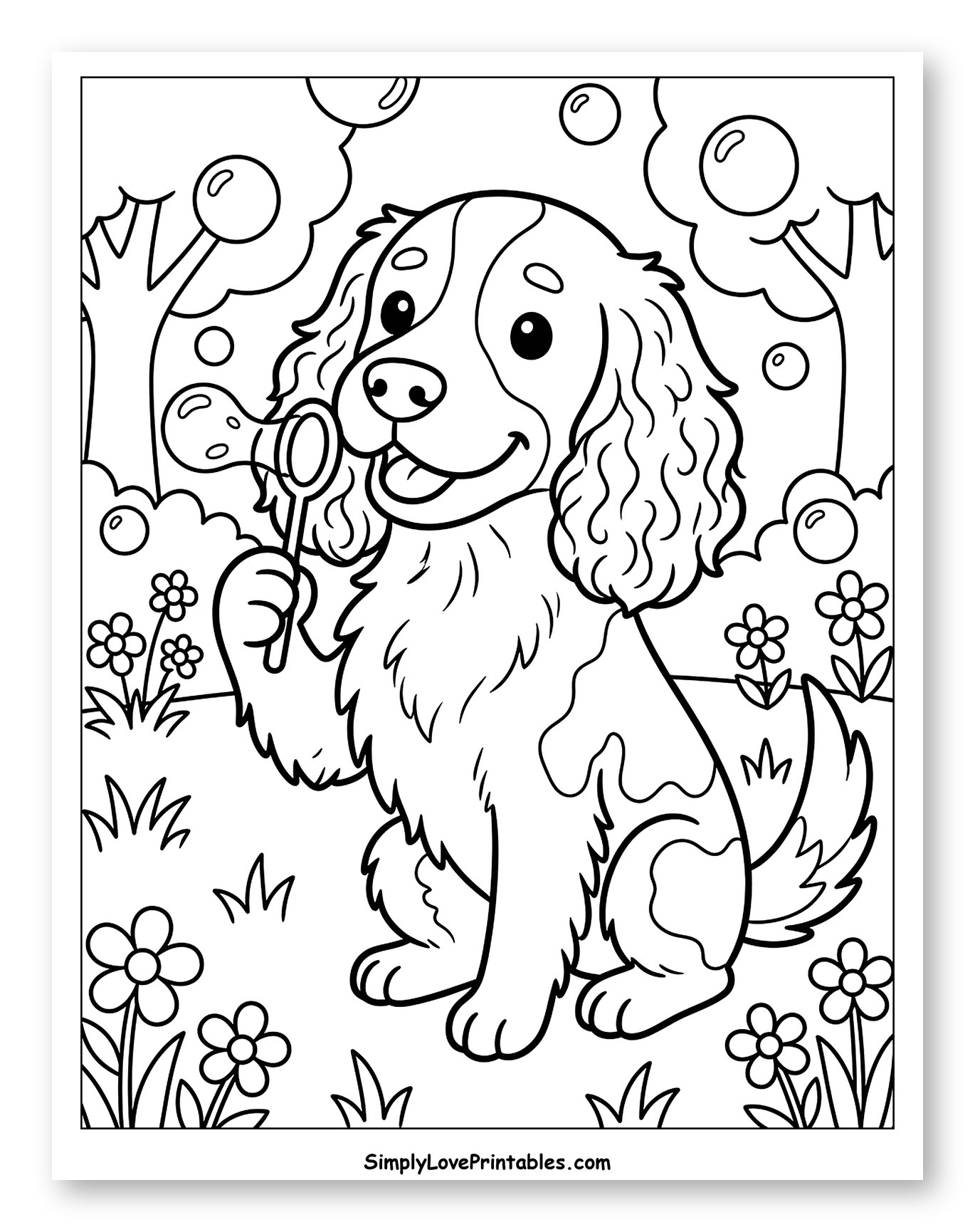 Springer Spaniel Blowing Bubbles in a Garden Coloring Page for Kids