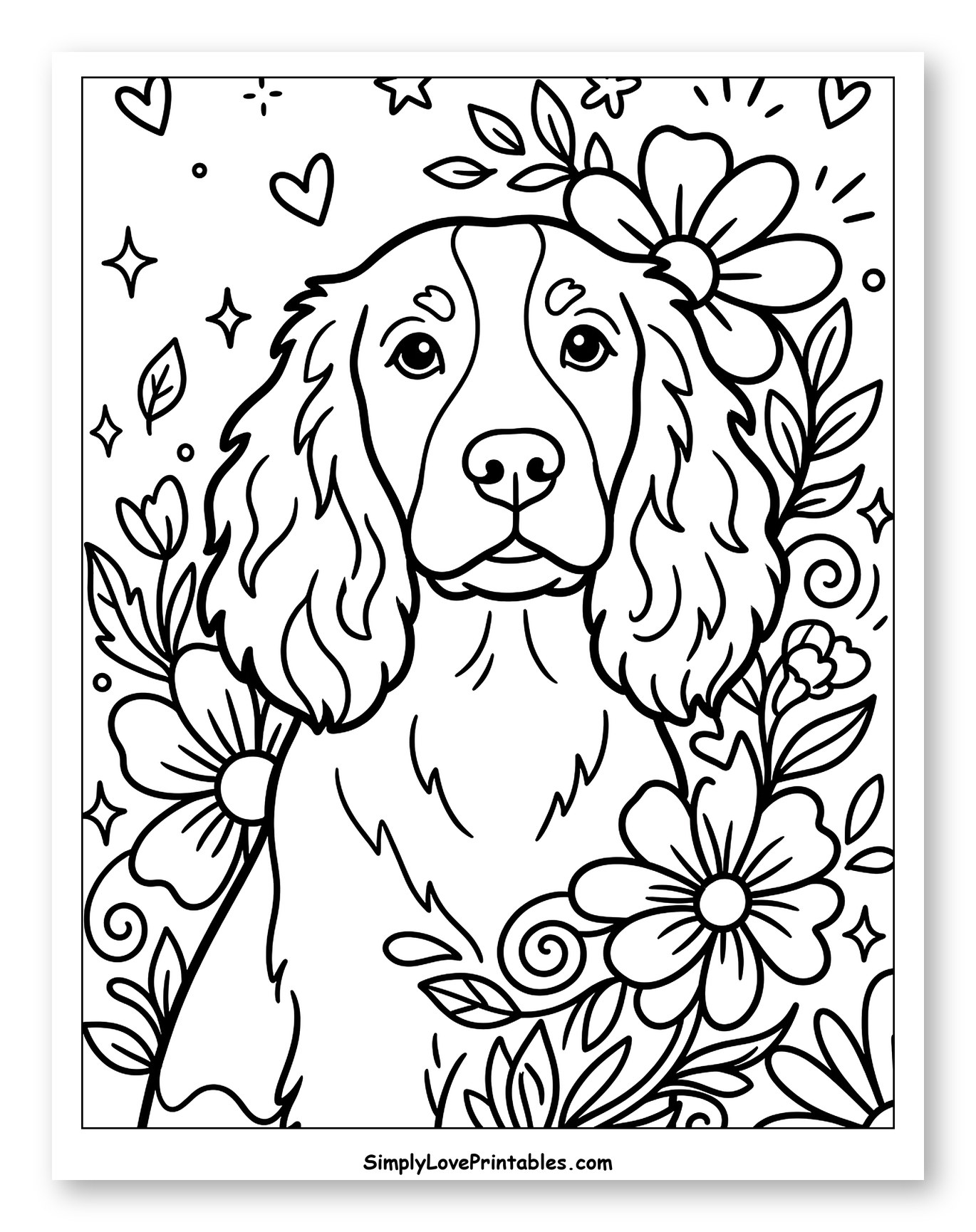Springer Spaniel Dog with Flowers and Hearts