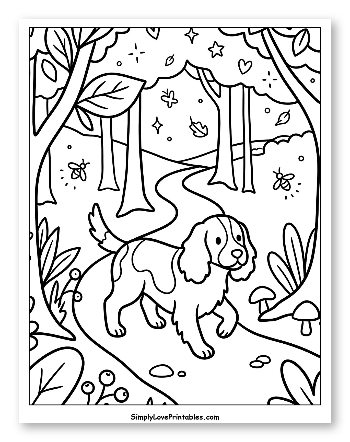 Springer Spaniel on a Winding Forest Path Coloring Sheet for Adults