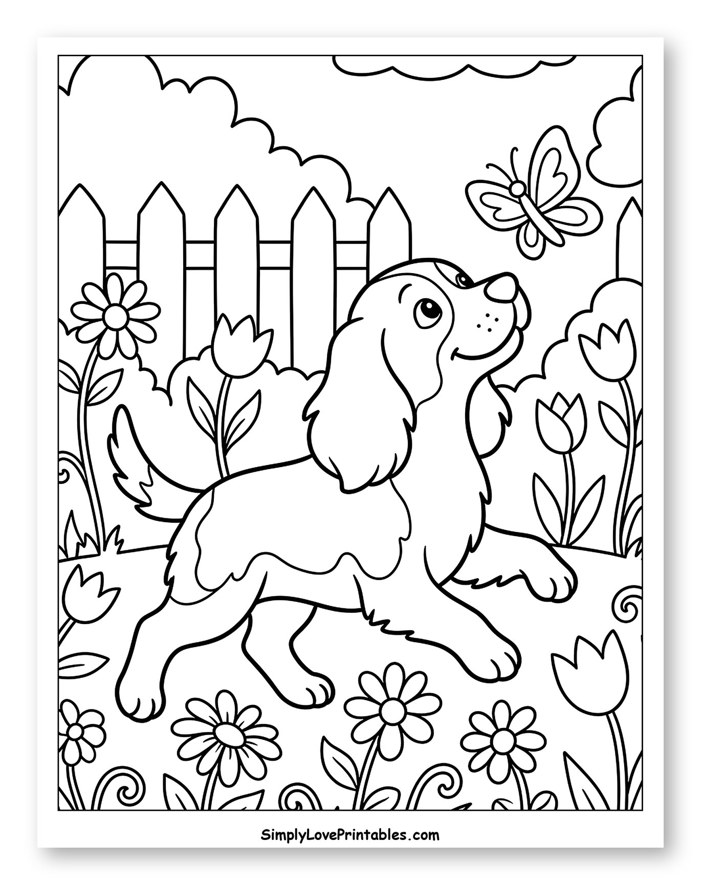 Springer Spaniel Watching a Butterfly in a Garden to Color for Kids