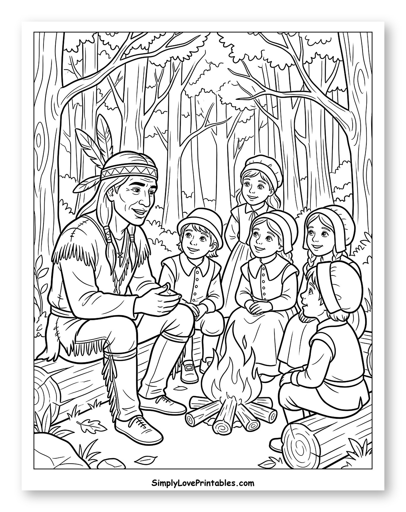Squanto and Pilgrim Children by Campfire