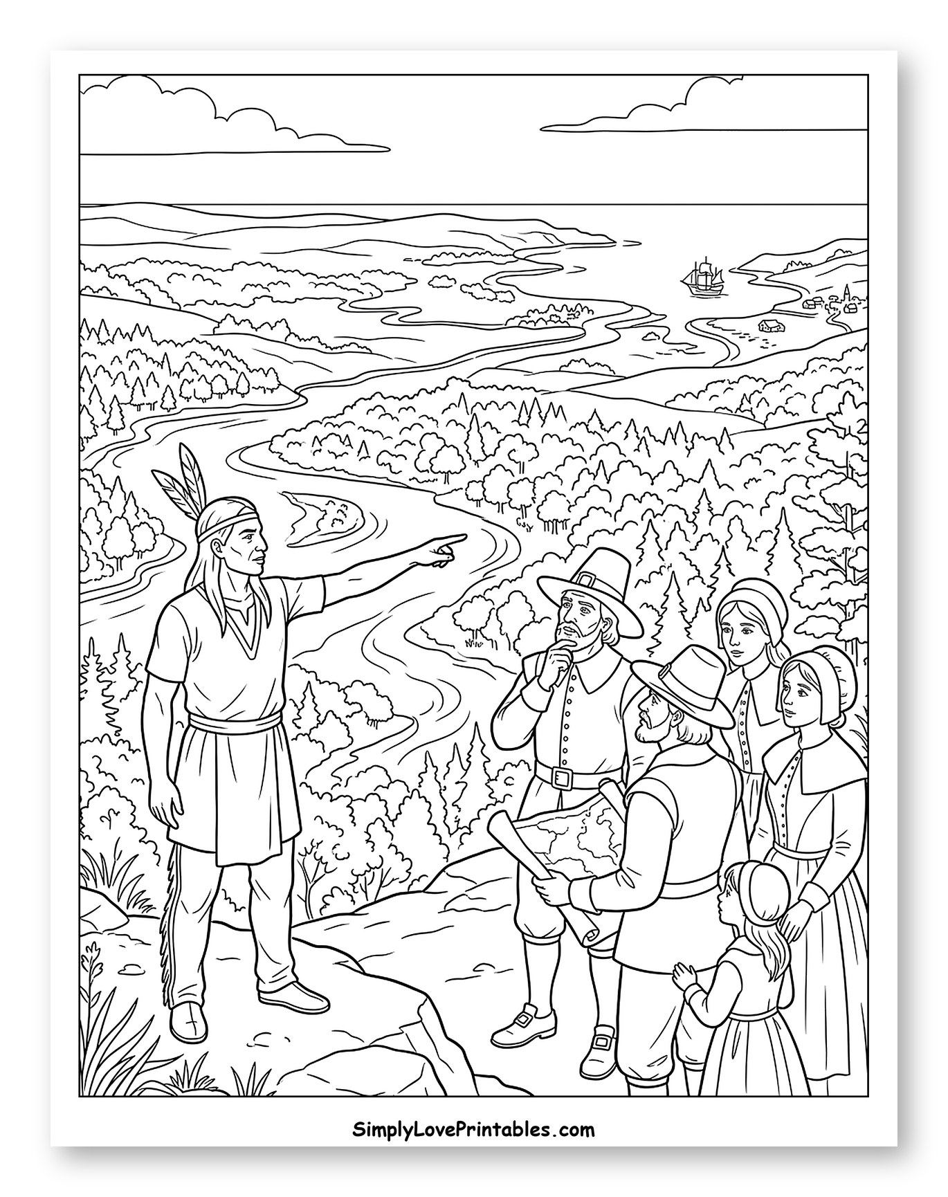 Squanto and Pilgrims Overlooking New Settlement