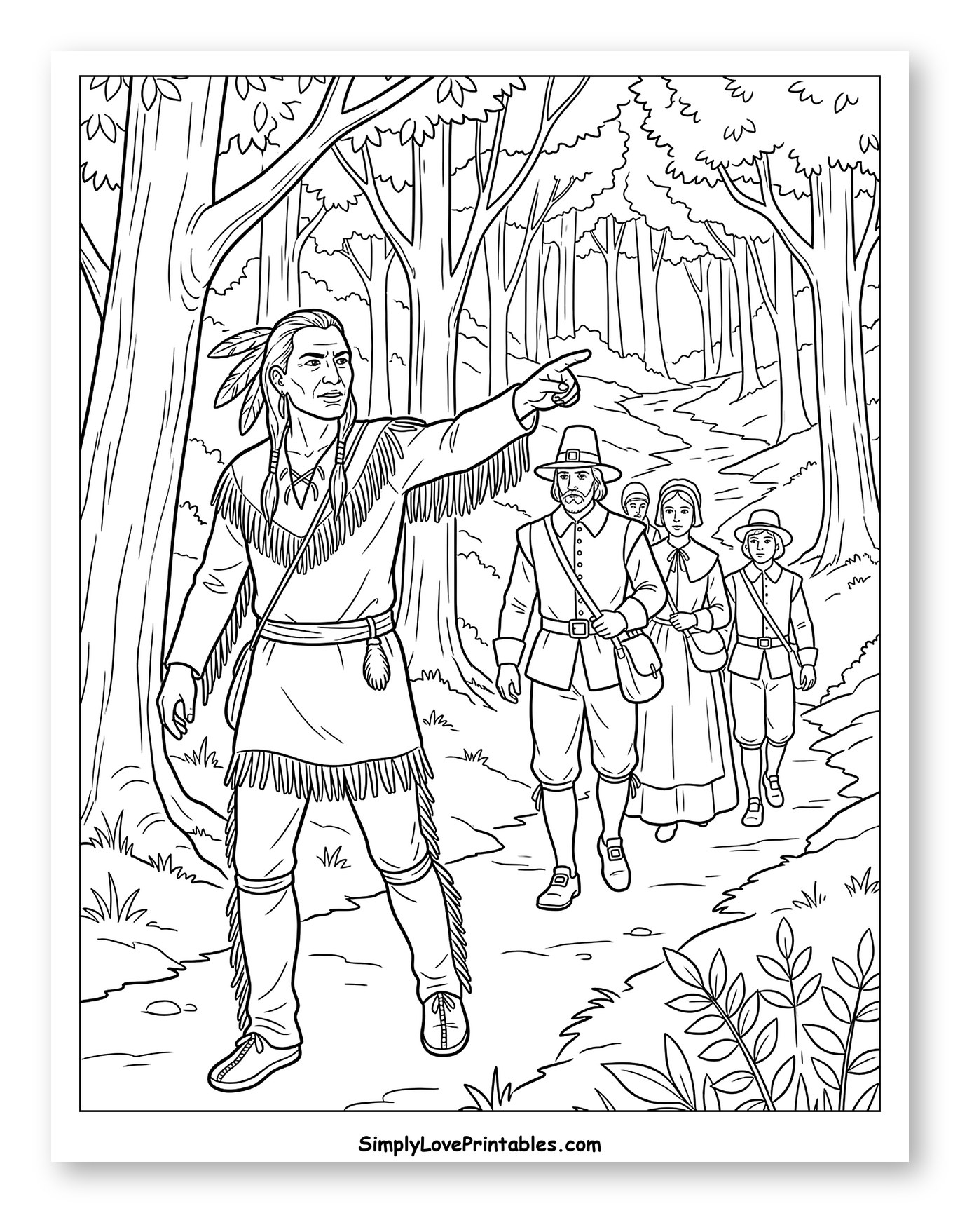 Squanto Leading Pilgrims Through the Forest Coloring Sheet