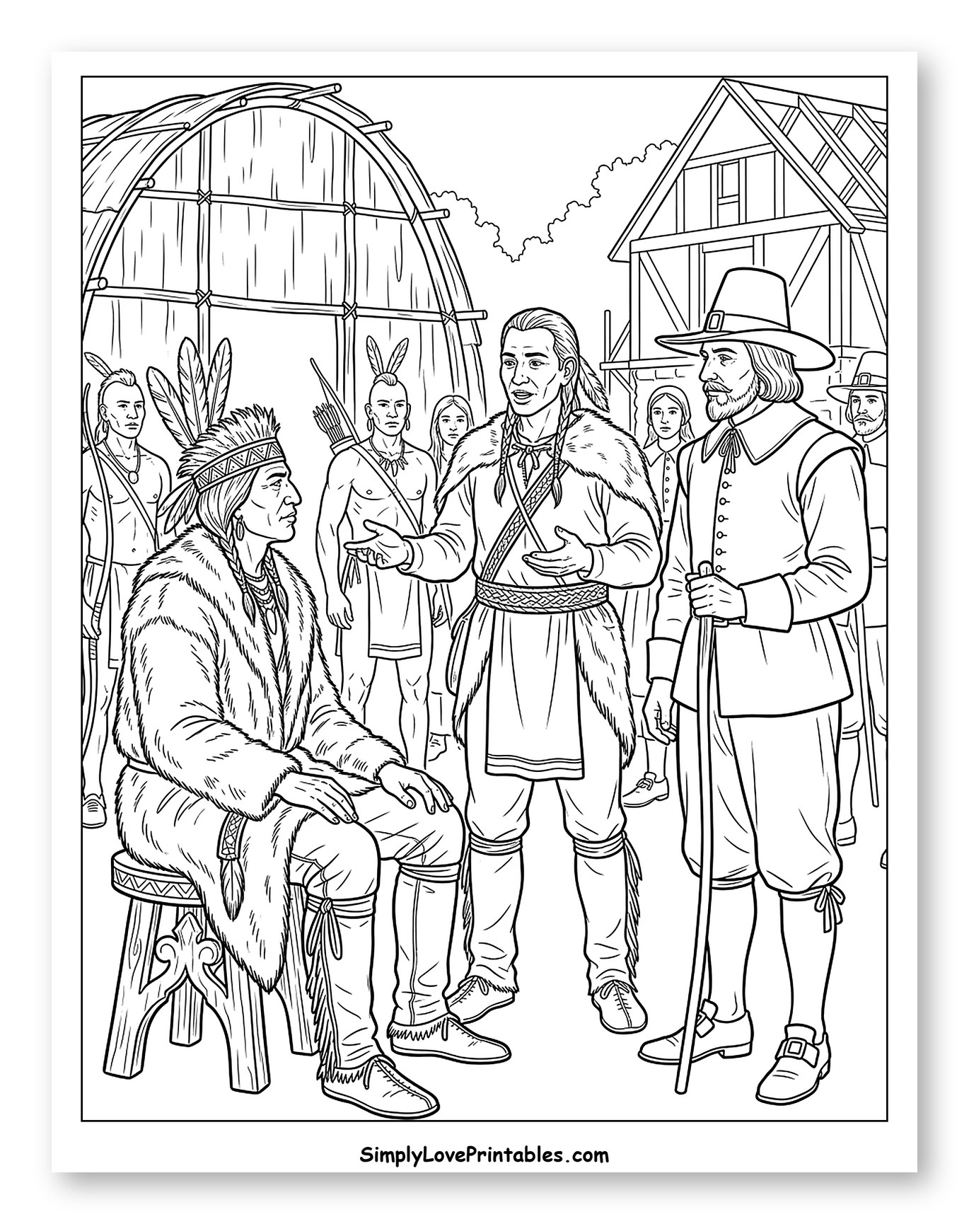 Squanto Meeting Pilgrims and Native Americans to Color